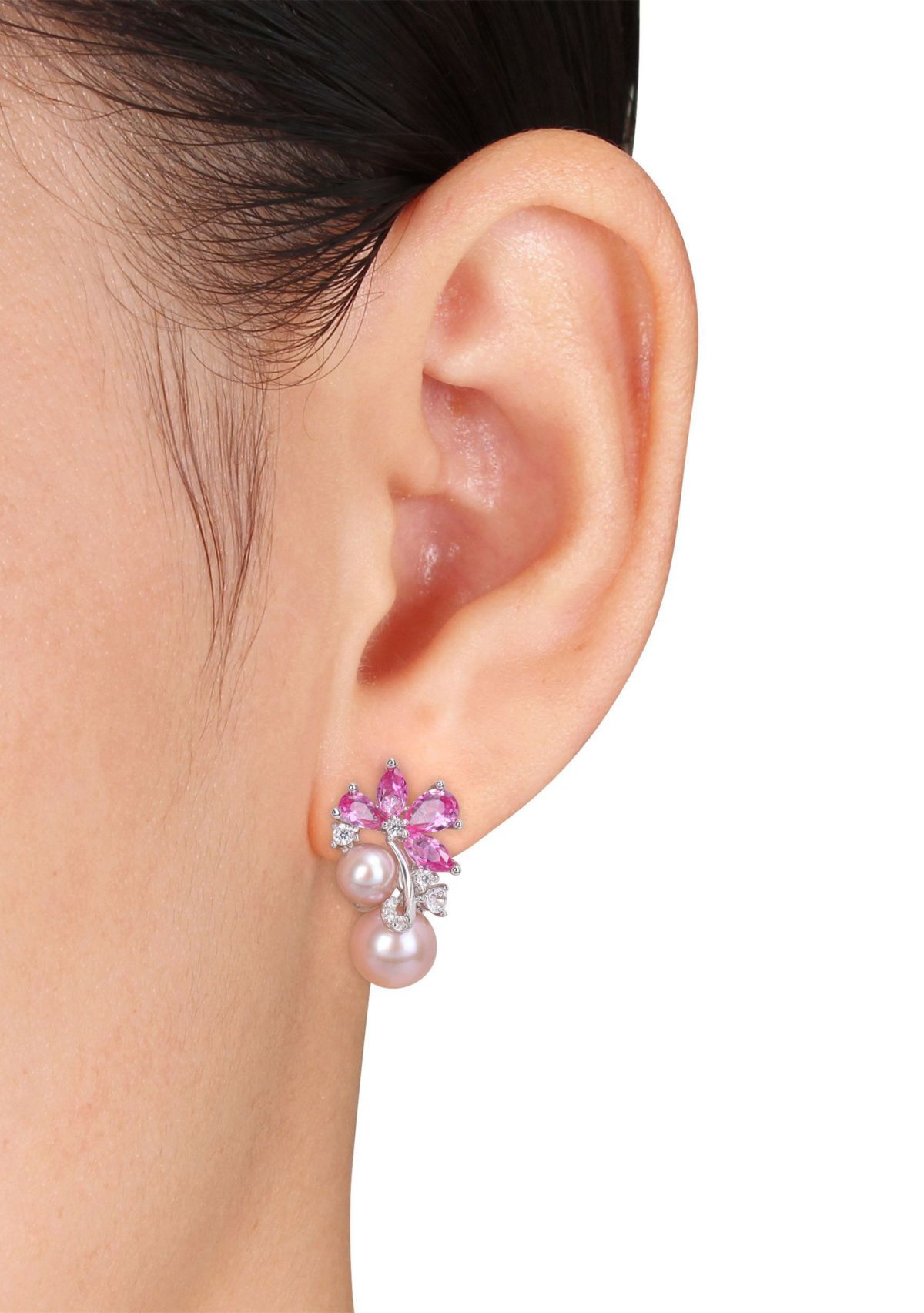 Lab Created Pink Cultured Freshwater Pearl & 4 1/4 CT TGW Created Pink and White Sapphire Earrings in Sterling Silver