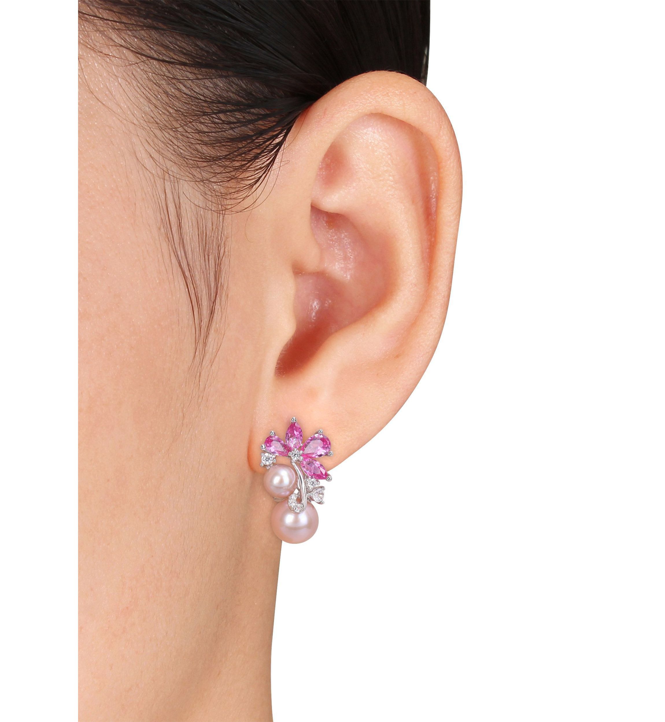 Lab Created Pink Cultured Freshwater Pearl & 4 1/4 CT TGW Created Pink and White Sapphire Earrings in Sterling Silver
