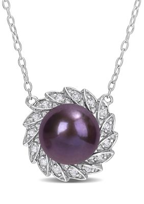 Belk & Co 9.5-10Mm Black Freshwater Cultured Pearl And 1/6 Ct Tgw White Topaz Floral Pendant With Chain In Sterling Silver