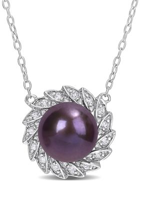 Belk & Co 9.5-10mm Black Freshwater Cultured Pearl and 1/6 CT TGW White Topaz Floral Pendant with Chain in Sterling Silver