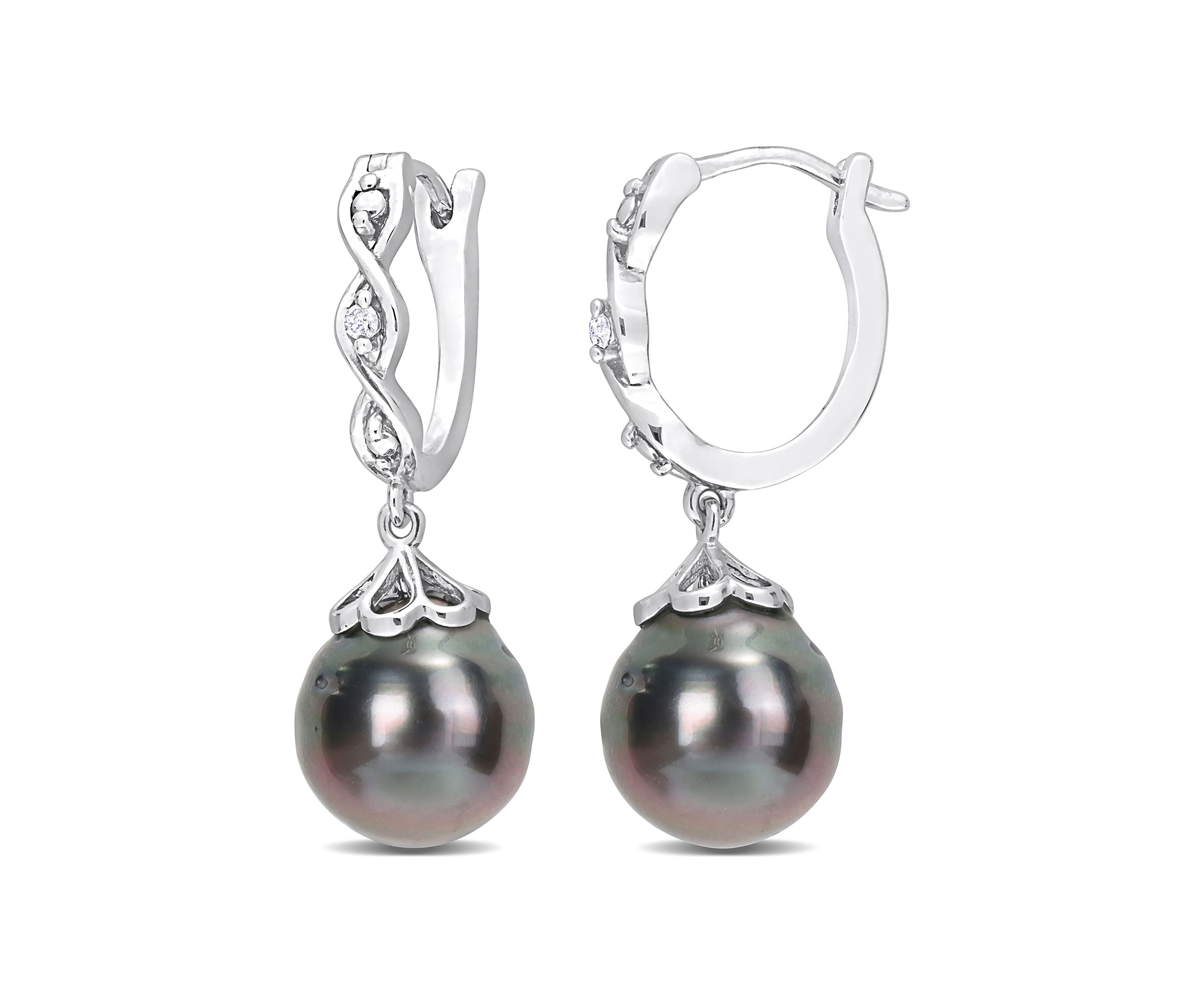 8-9mm Black Tahitian Cultured Pearl and Diamond Accent Infinity Huggie Earrings in Sterling Silver