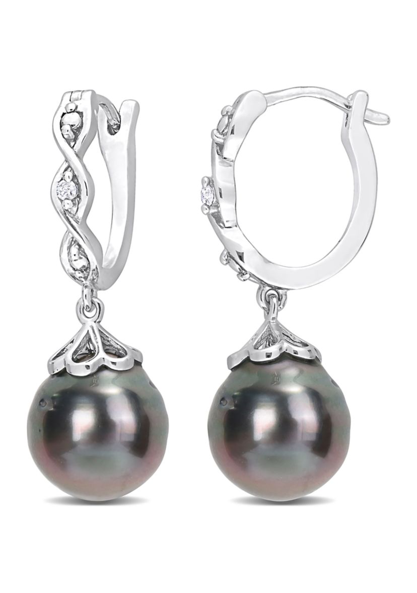 8-9mm Black Tahitian Cultured Pearl and Diamond Accent Infinity Huggie Earrings in Sterling Silver