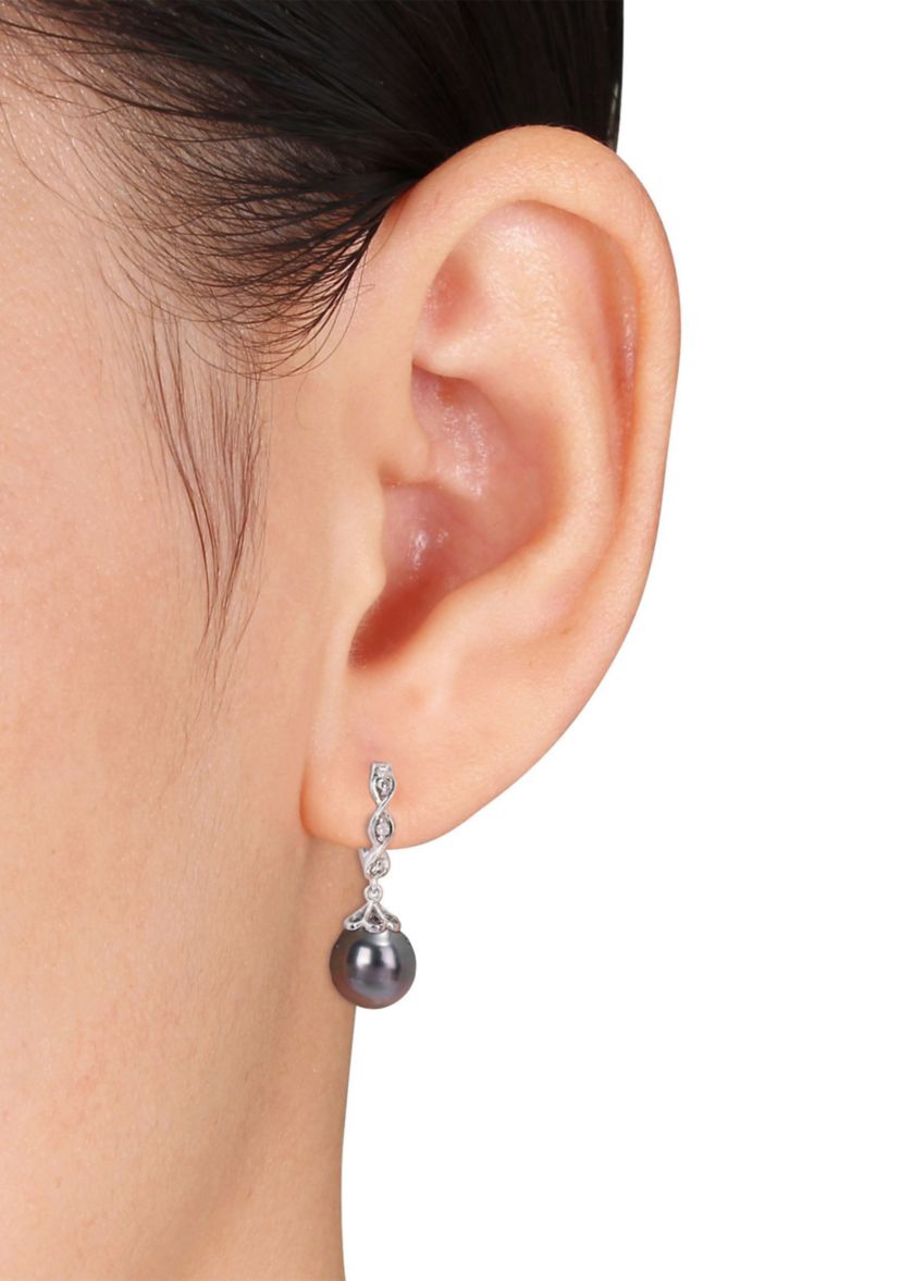 8-9mm Black Tahitian Cultured Pearl and Diamond Accent Infinity Huggie Earrings in Sterling Silver