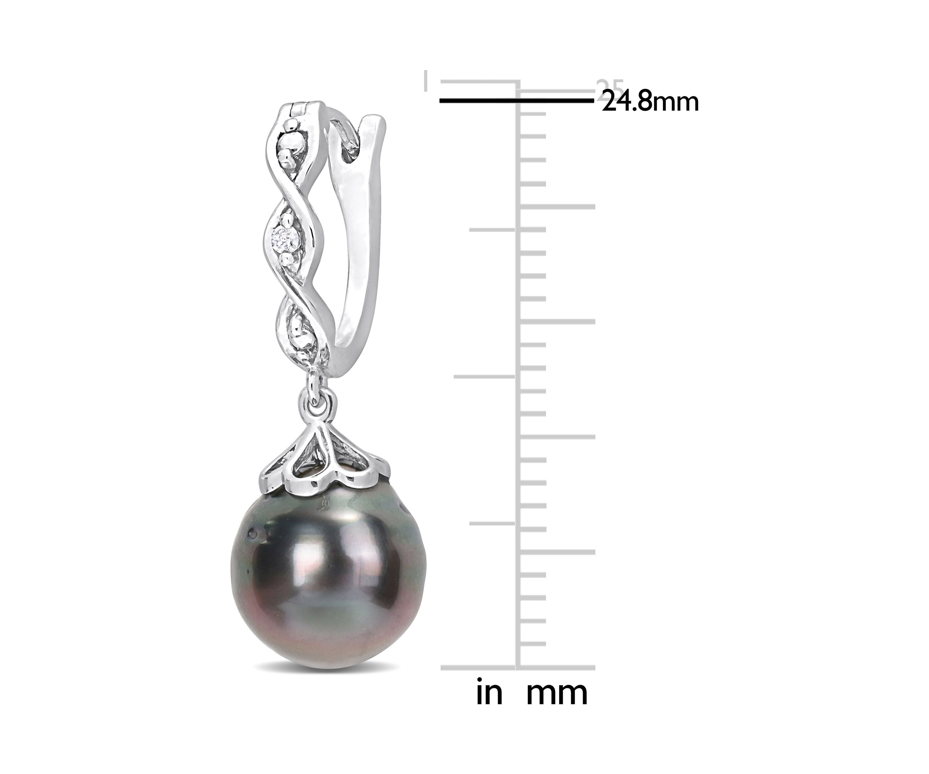 8-9mm Black Tahitian Cultured Pearl and Diamond Accent Infinity Huggie Earrings in Sterling Silver