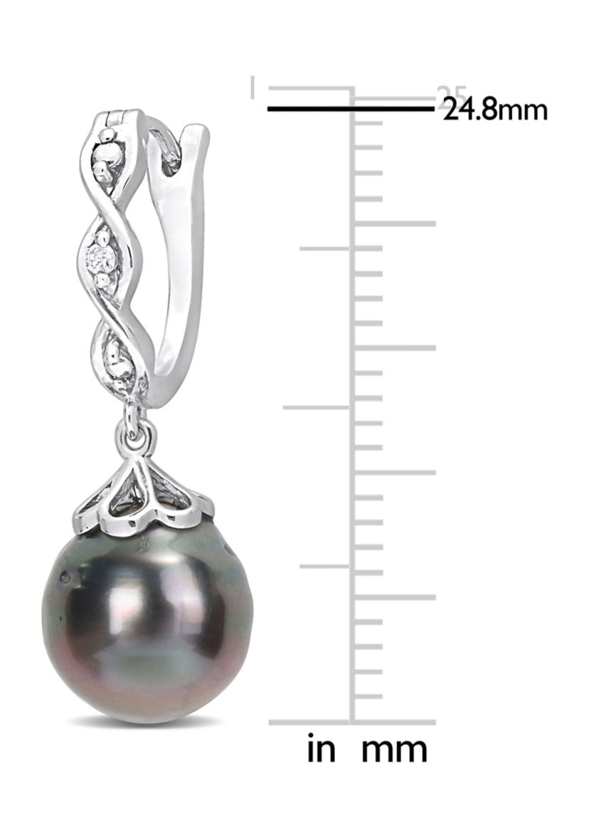 8-9mm Black Tahitian Cultured Pearl and Diamond Accent Infinity Huggie Earrings in Sterling Silver