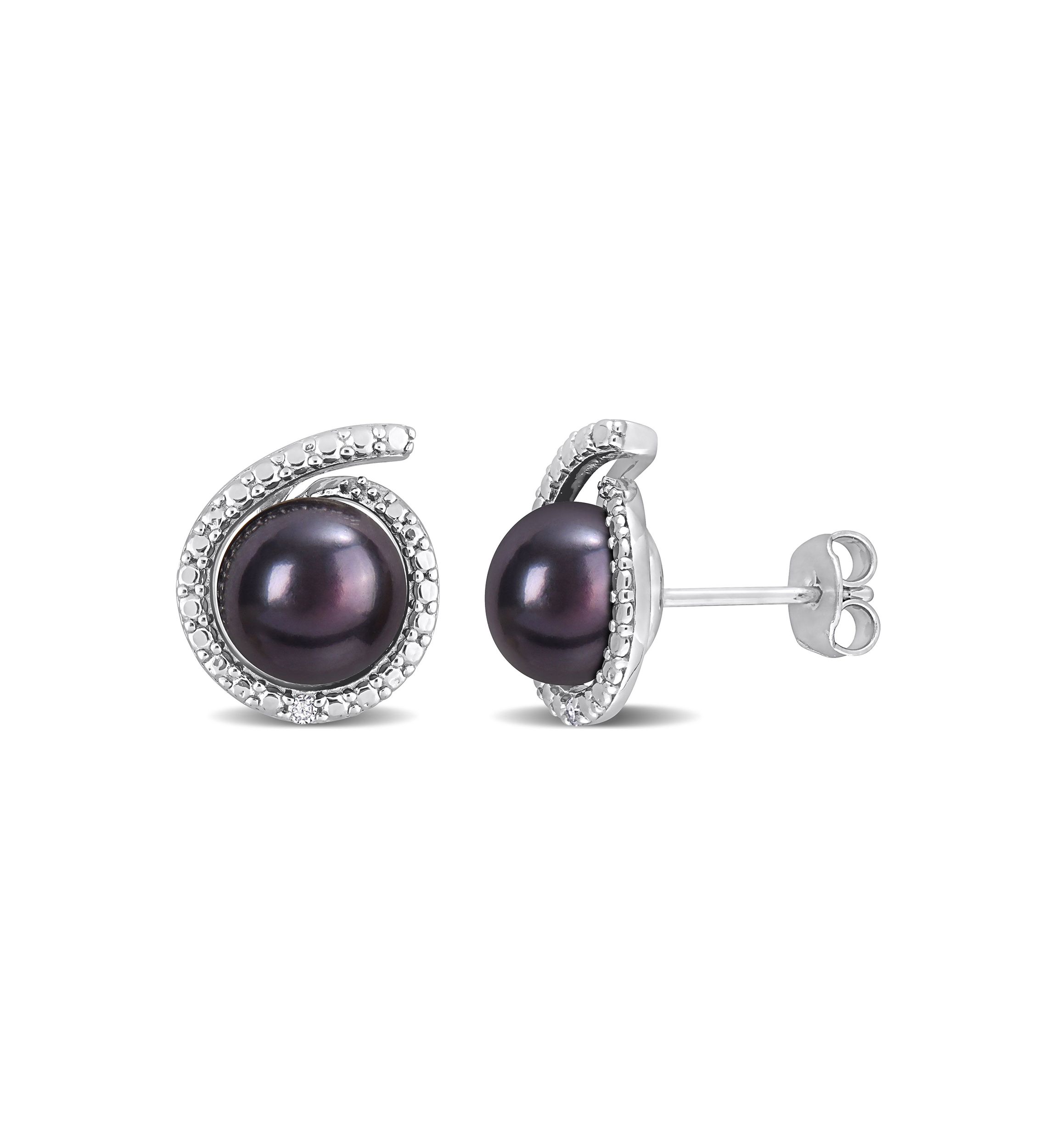 8-8.5mm Black Freshwater Cultured Pearl and Diamond Accent Swirl Stud Earrings in Sterling Silver