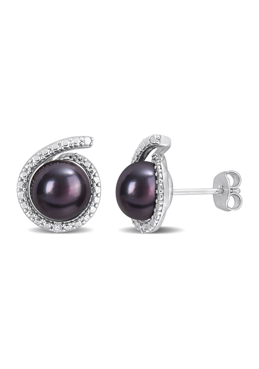 8-8.5mm Black Freshwater Cultured Pearl and Diamond Accent Swirl Stud Earrings in Sterling Silver