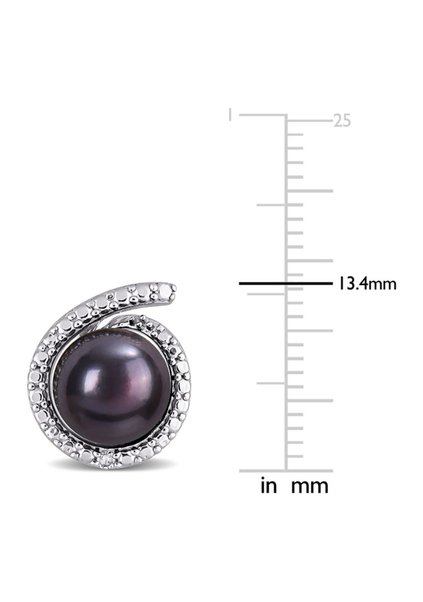 8-8.5mm Black Freshwater Cultured Pearl and Diamond Accent Swirl Stud Earrings in Sterling Silver