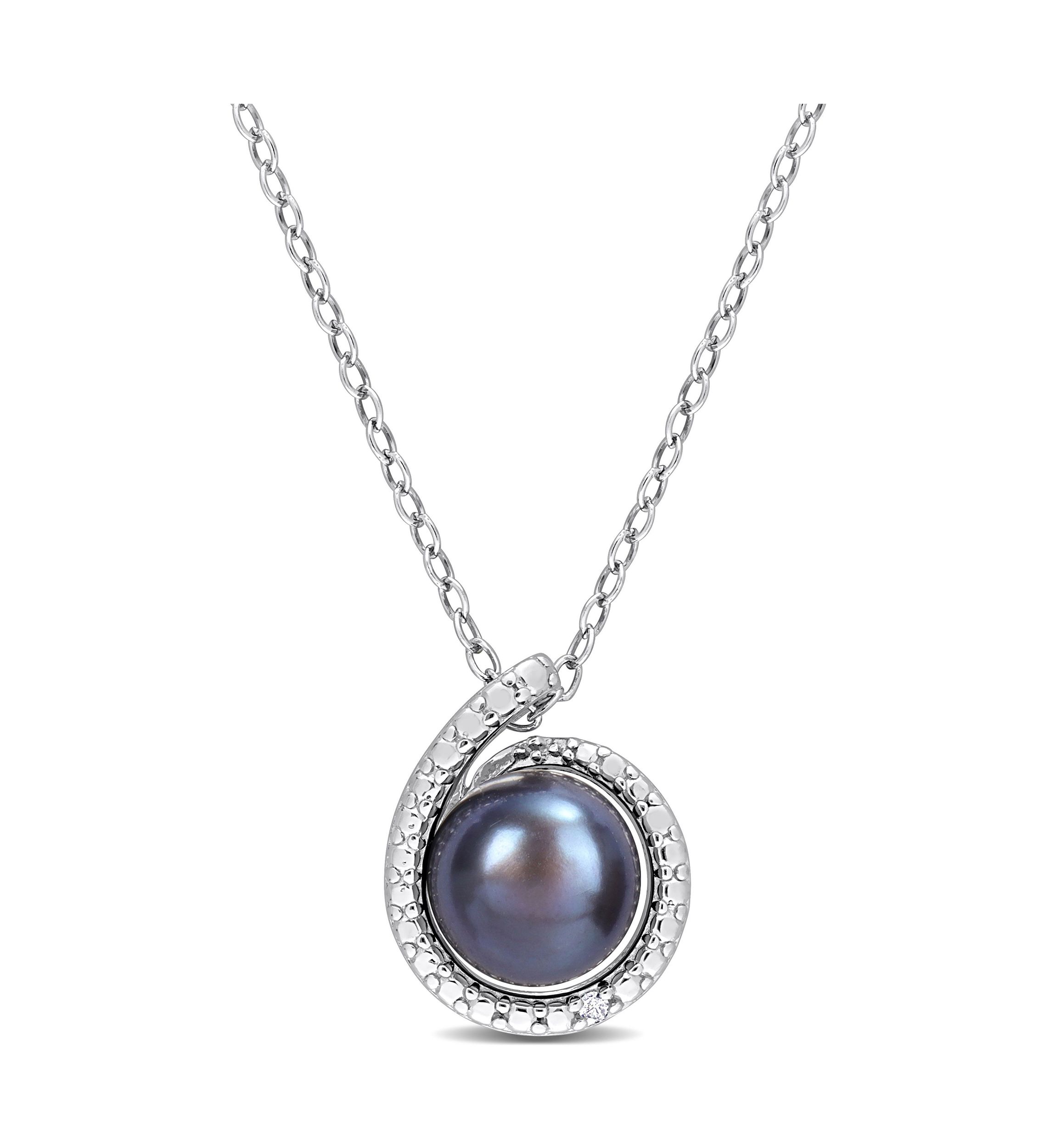 8-8.5mm Black Freshwater Cultured Pearl and Diamond Accent Swirl Pendant with Chain in Sterling Silver