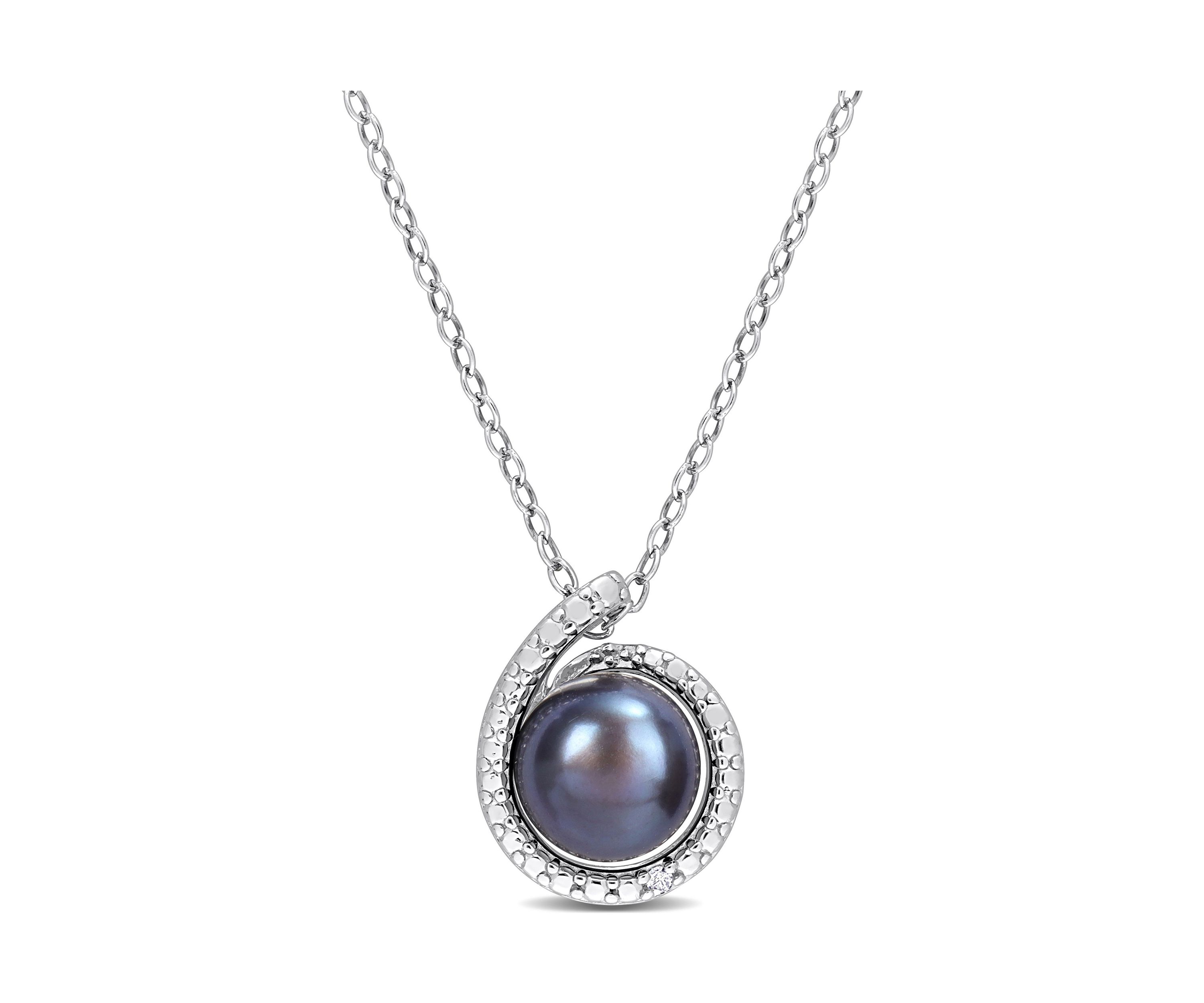 8-8.5mm Black Freshwater Cultured Pearl and Diamond Accent Swirl Pendant with Chain in Sterling Silver