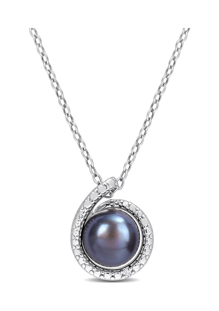 8-8.5mm Black Freshwater Cultured Pearl and Diamond Accent Swirl Pendant with Chain in Sterling Silver