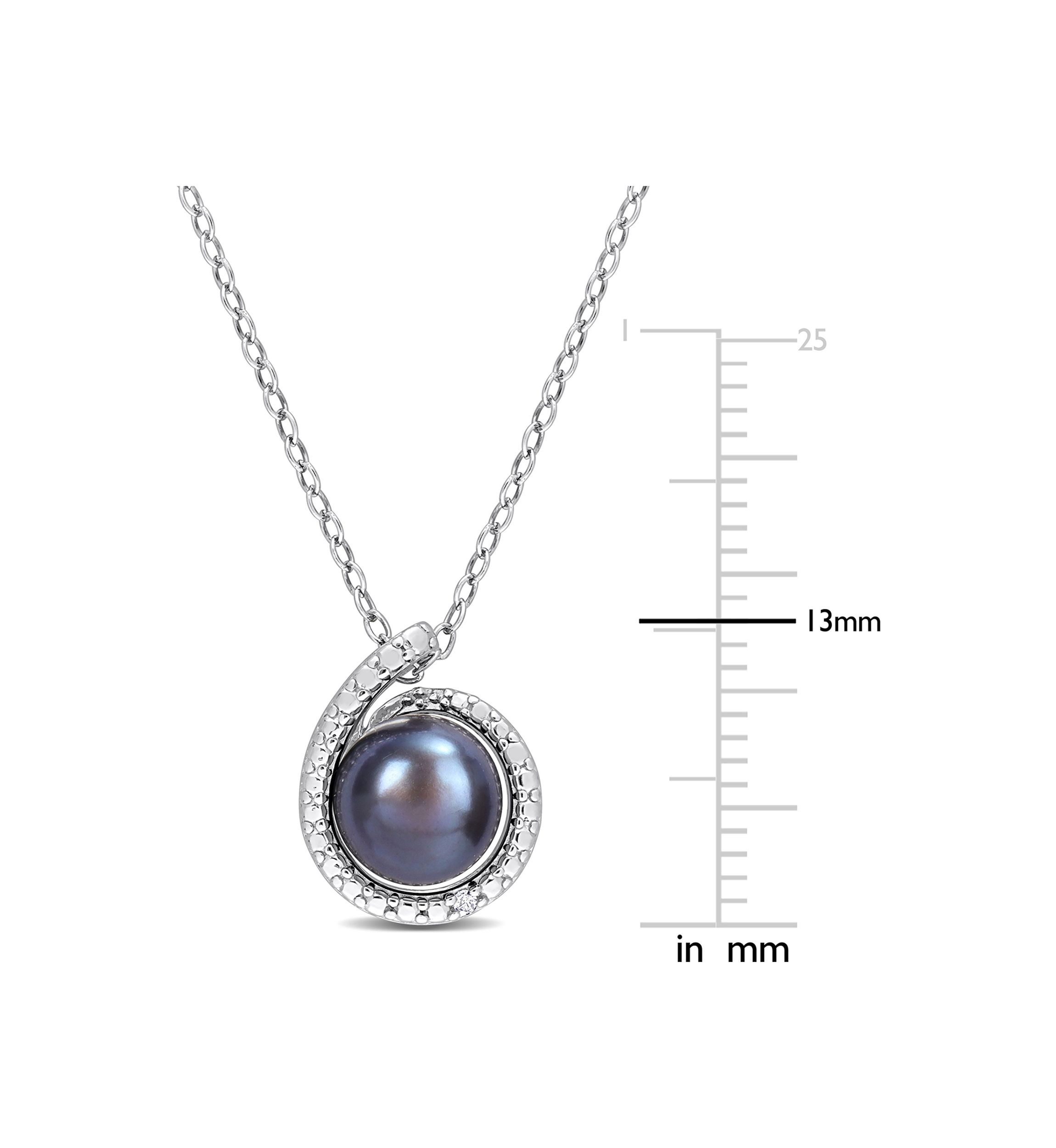 8-8.5mm Black Freshwater Cultured Pearl and Diamond Accent Swirl Pendant with Chain in Sterling Silver