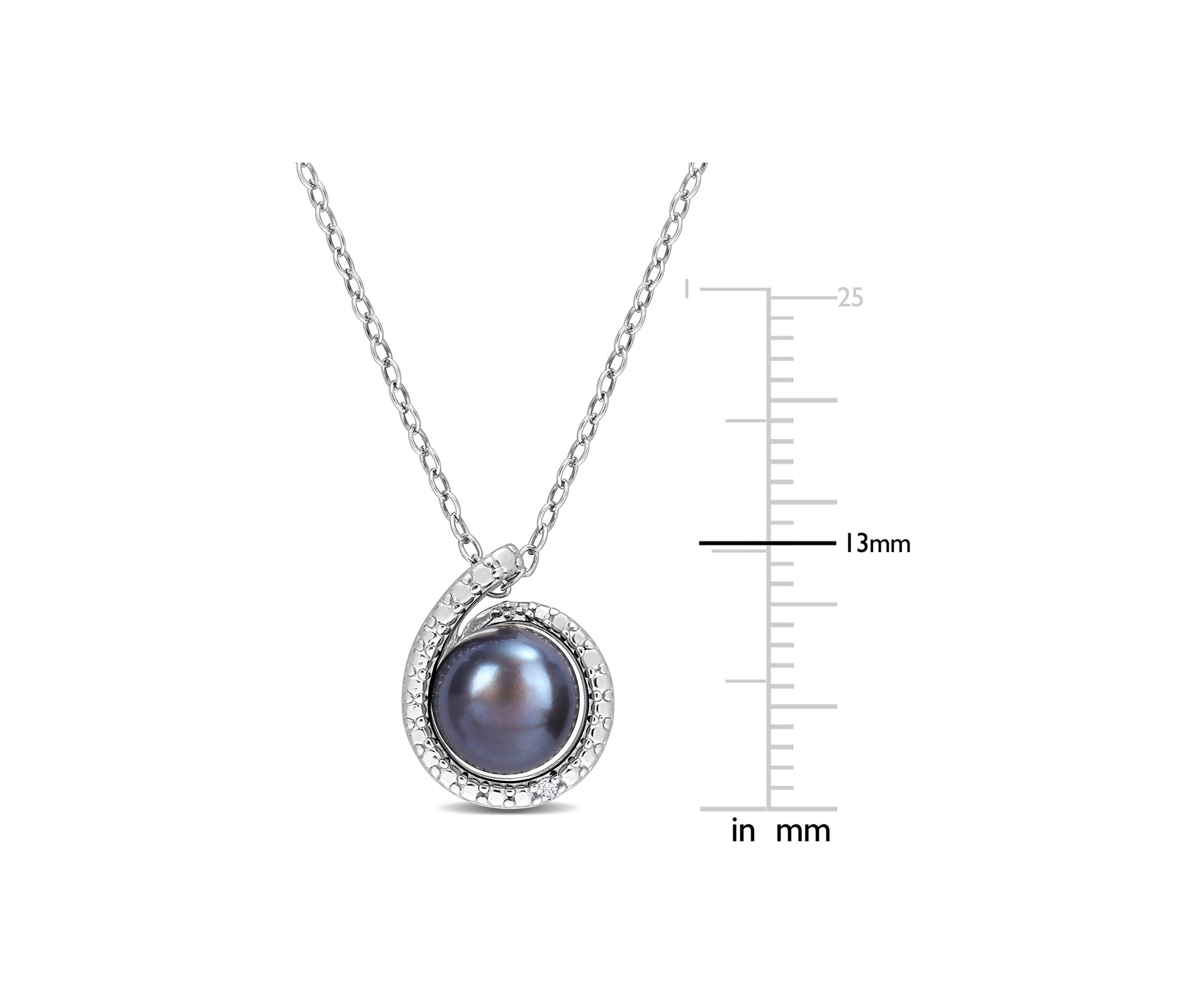 8-8.5mm Black Freshwater Cultured Pearl and Diamond Accent Swirl Pendant with Chain in Sterling Silver