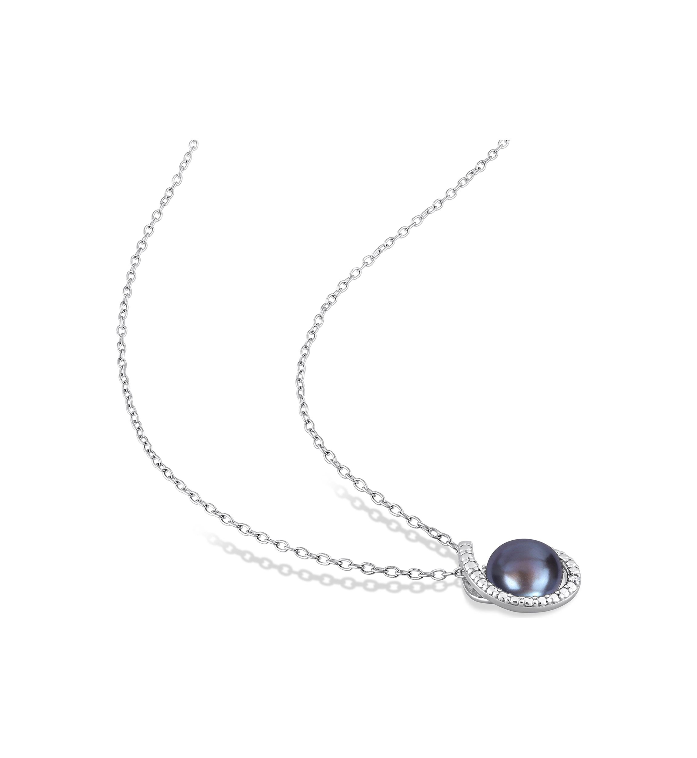 8-8.5mm Black Freshwater Cultured Pearl and Diamond Accent Swirl Pendant with Chain in Sterling Silver