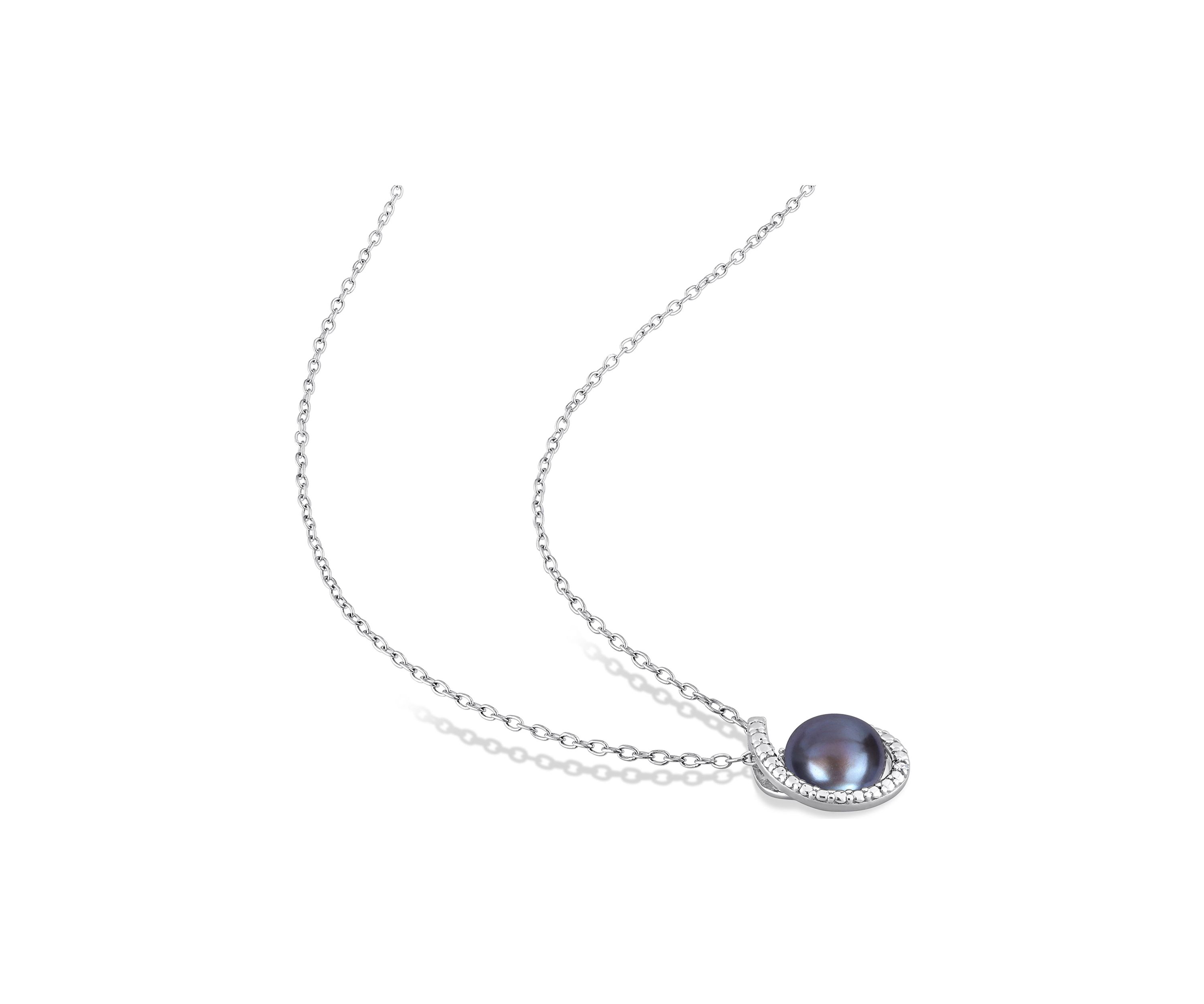 8-8.5mm Black Freshwater Cultured Pearl and Diamond Accent Swirl Pendant with Chain in Sterling Silver