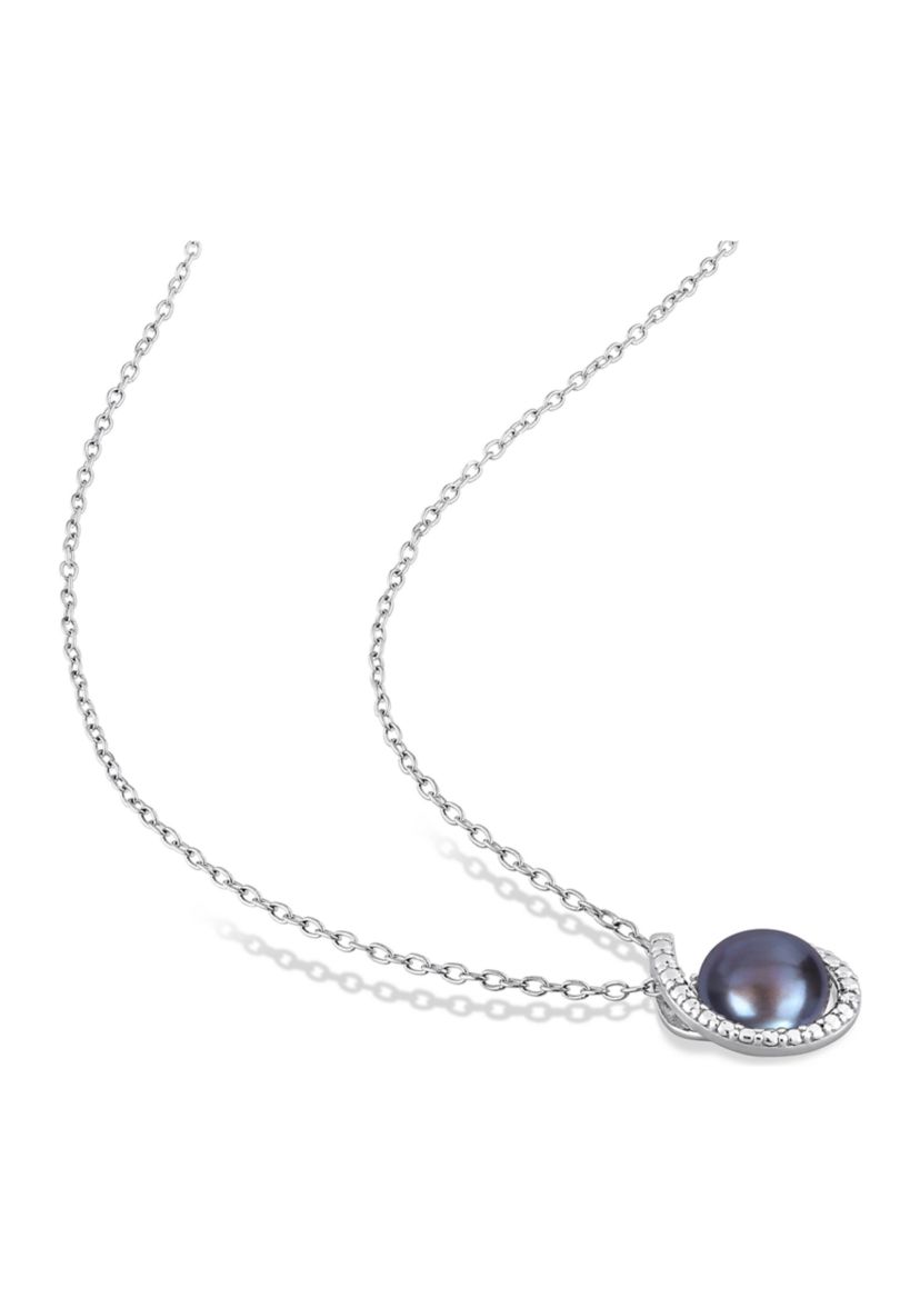 8-8.5mm Black Freshwater Cultured Pearl and Diamond Accent Swirl Pendant with Chain in Sterling Silver