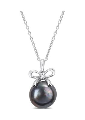 Belk & Co 12-12.5mm Black Freshwater Cultured Pearl and White Topaz Bow Pendant with Chain in Sterling Silver