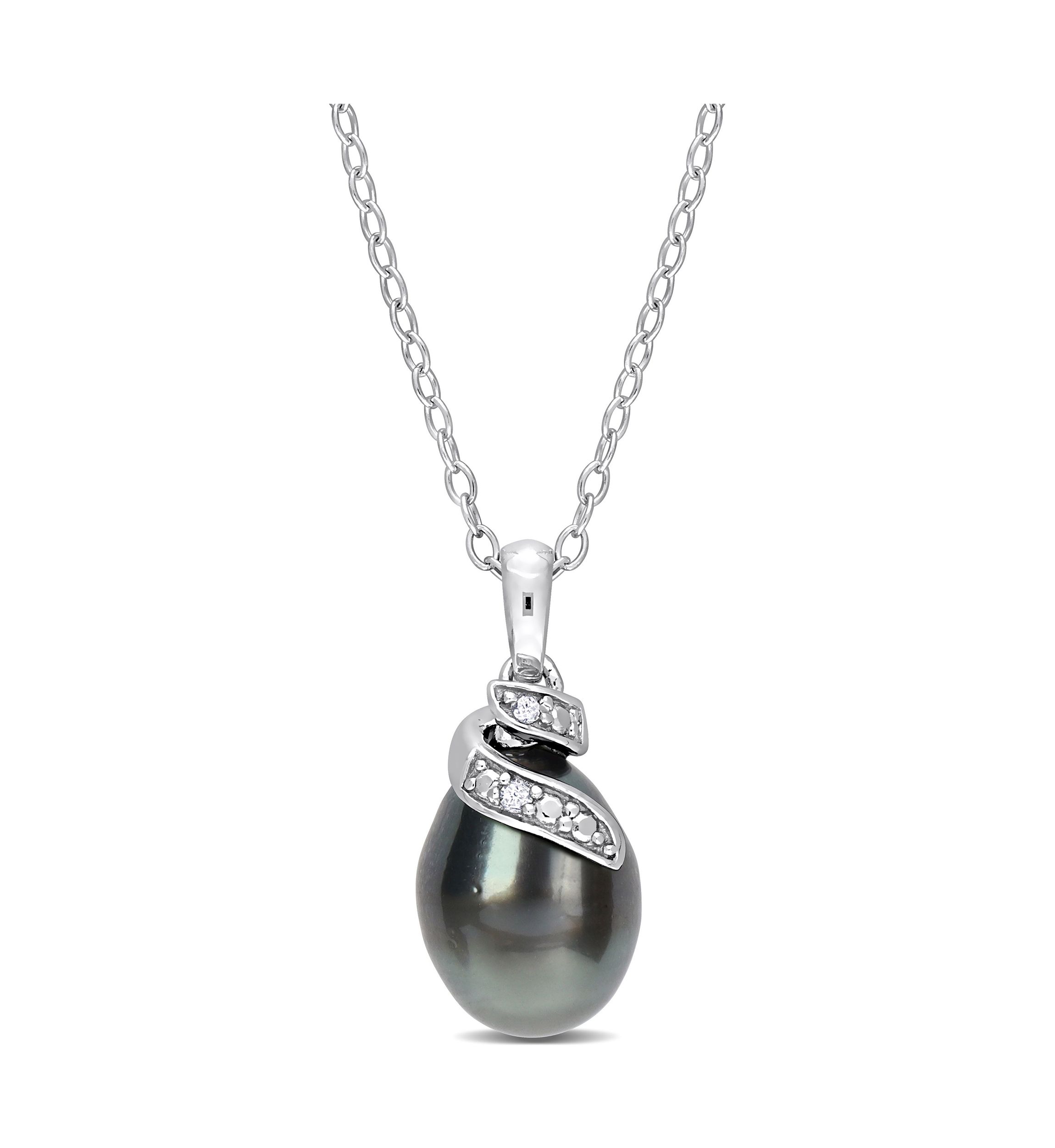 8-9mm Black Tahitian Cultured Pearl and Diamond Accent Swirl Pendant with Chain in Sterling Silver