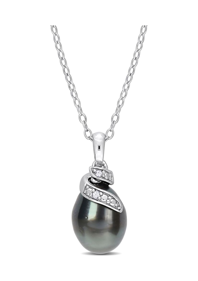 8-9mm Black Tahitian Cultured Pearl and Diamond Accent Swirl Pendant with Chain in Sterling Silver