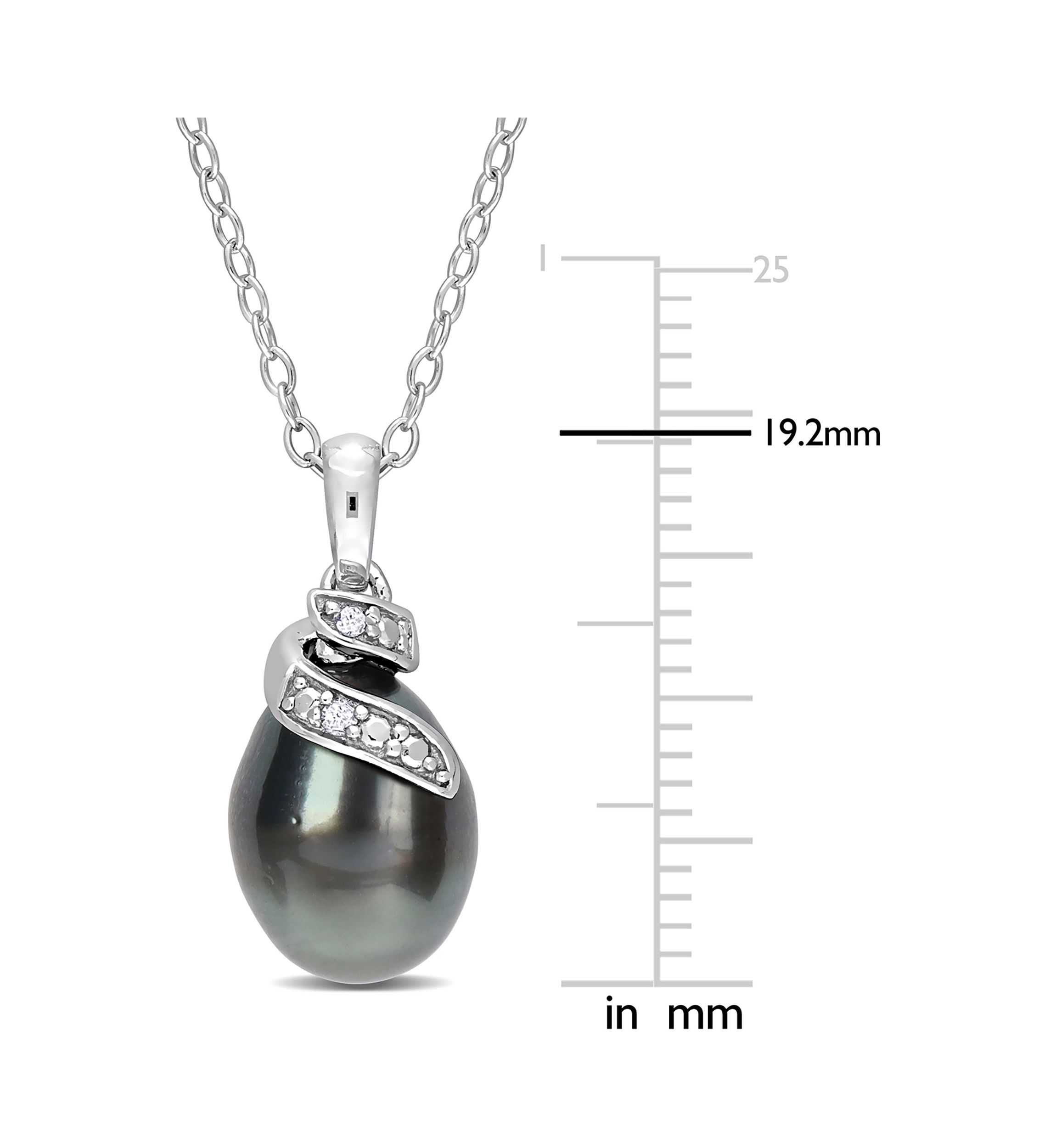 8-9mm Black Tahitian Cultured Pearl and Diamond Accent Swirl Pendant with Chain in Sterling Silver