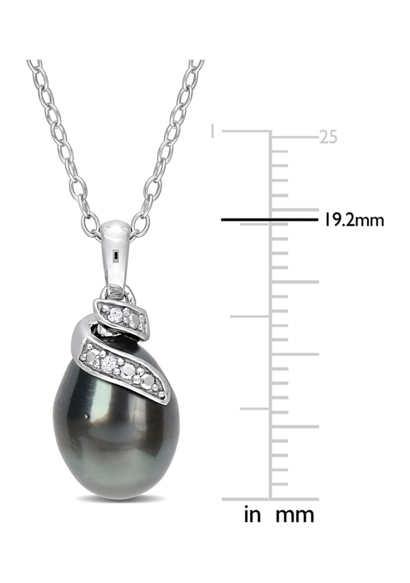 8-9mm Black Tahitian Cultured Pearl and Diamond Accent Swirl Pendant with Chain in Sterling Silver