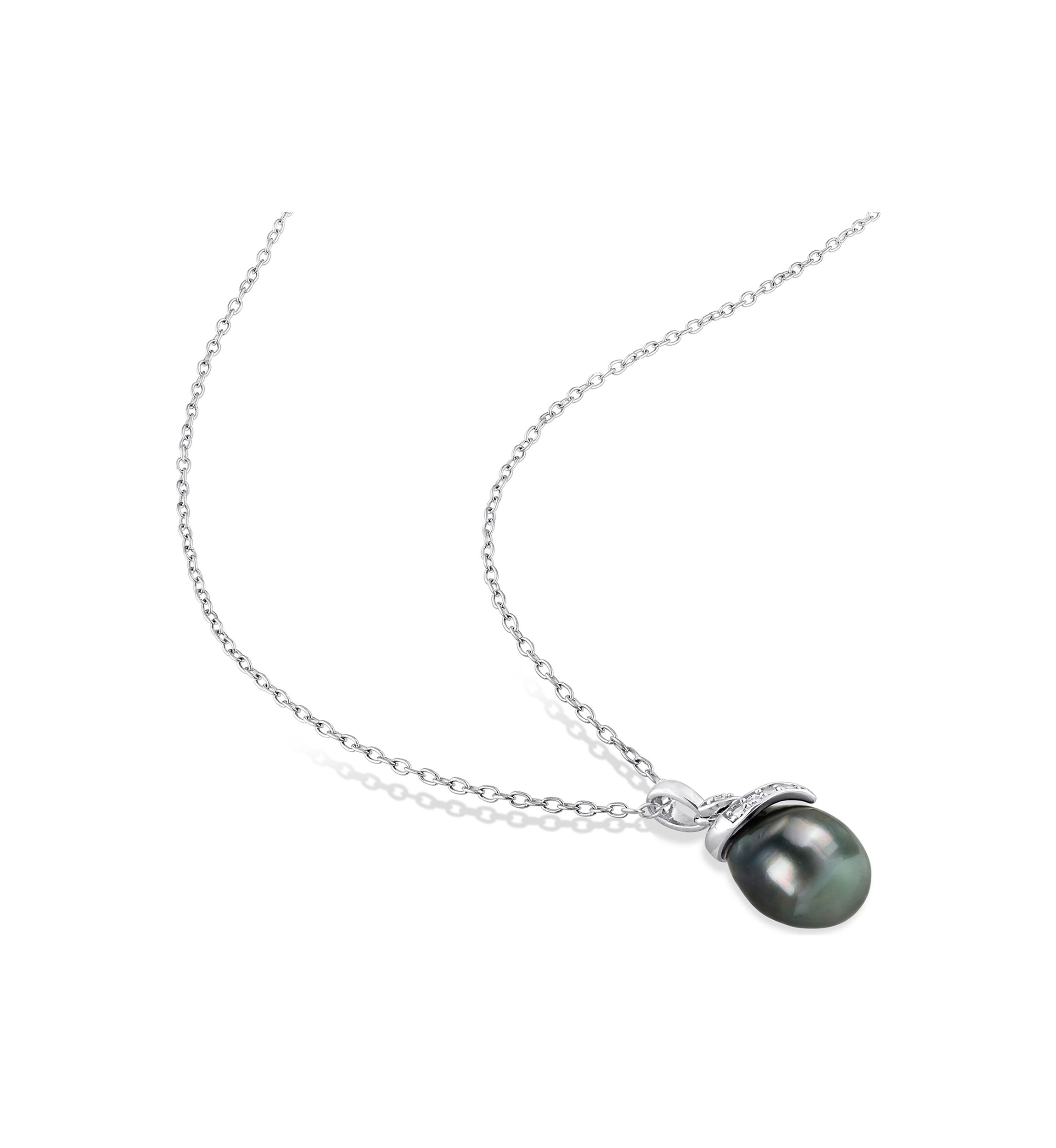 8-9mm Black Tahitian Cultured Pearl and Diamond Accent Swirl Pendant with Chain in Sterling Silver