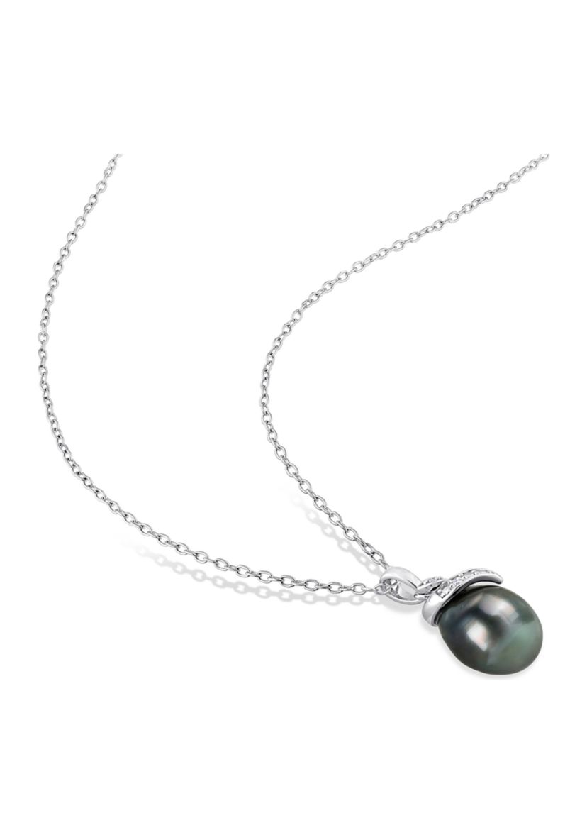 8-9mm Black Tahitian Cultured Pearl and Diamond Accent Swirl Pendant with Chain in Sterling Silver