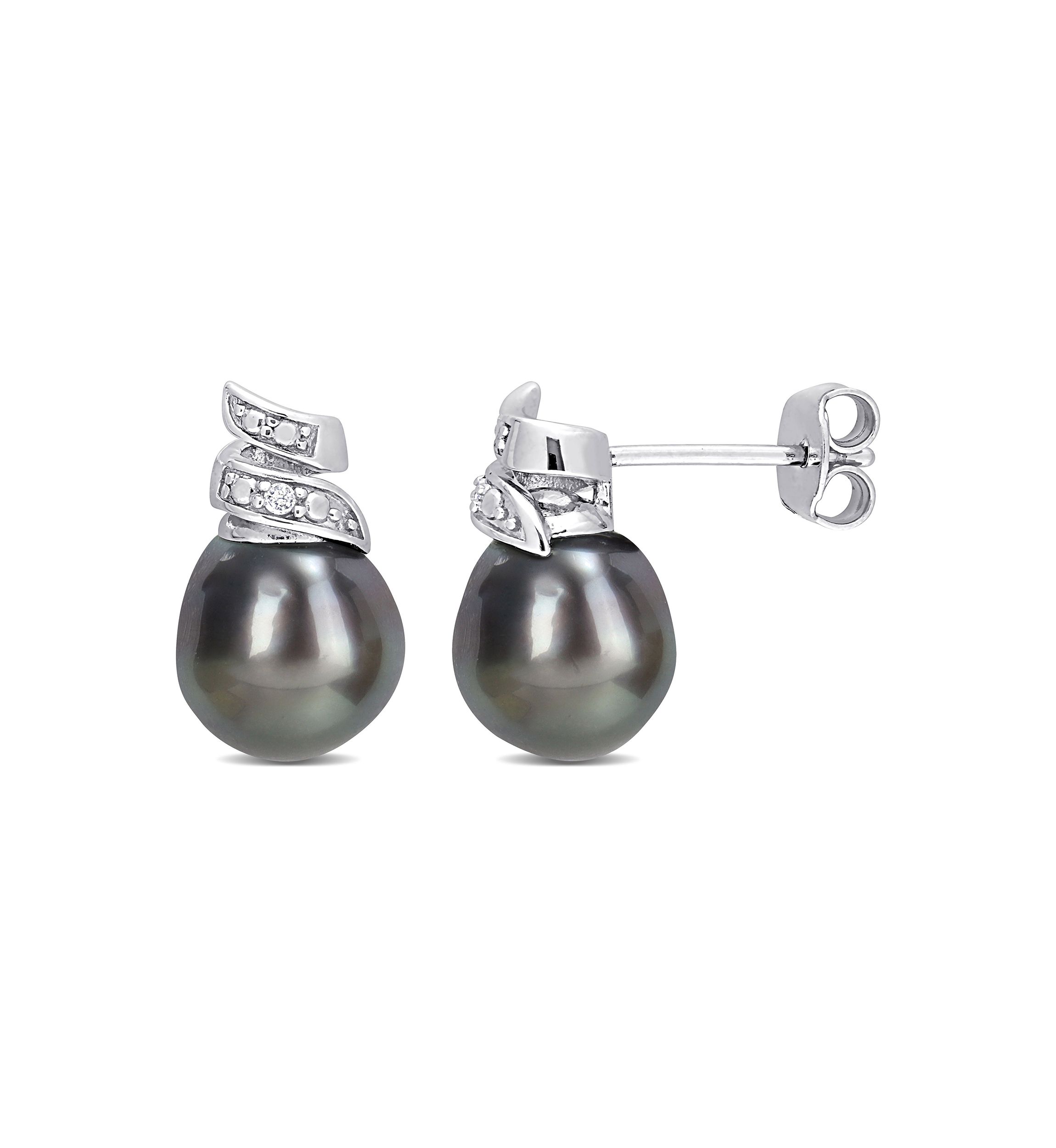8-9mm Black Tahitian Cultured Pearl and Diamond Accent Swirl Stud Earrings in Sterling Silver