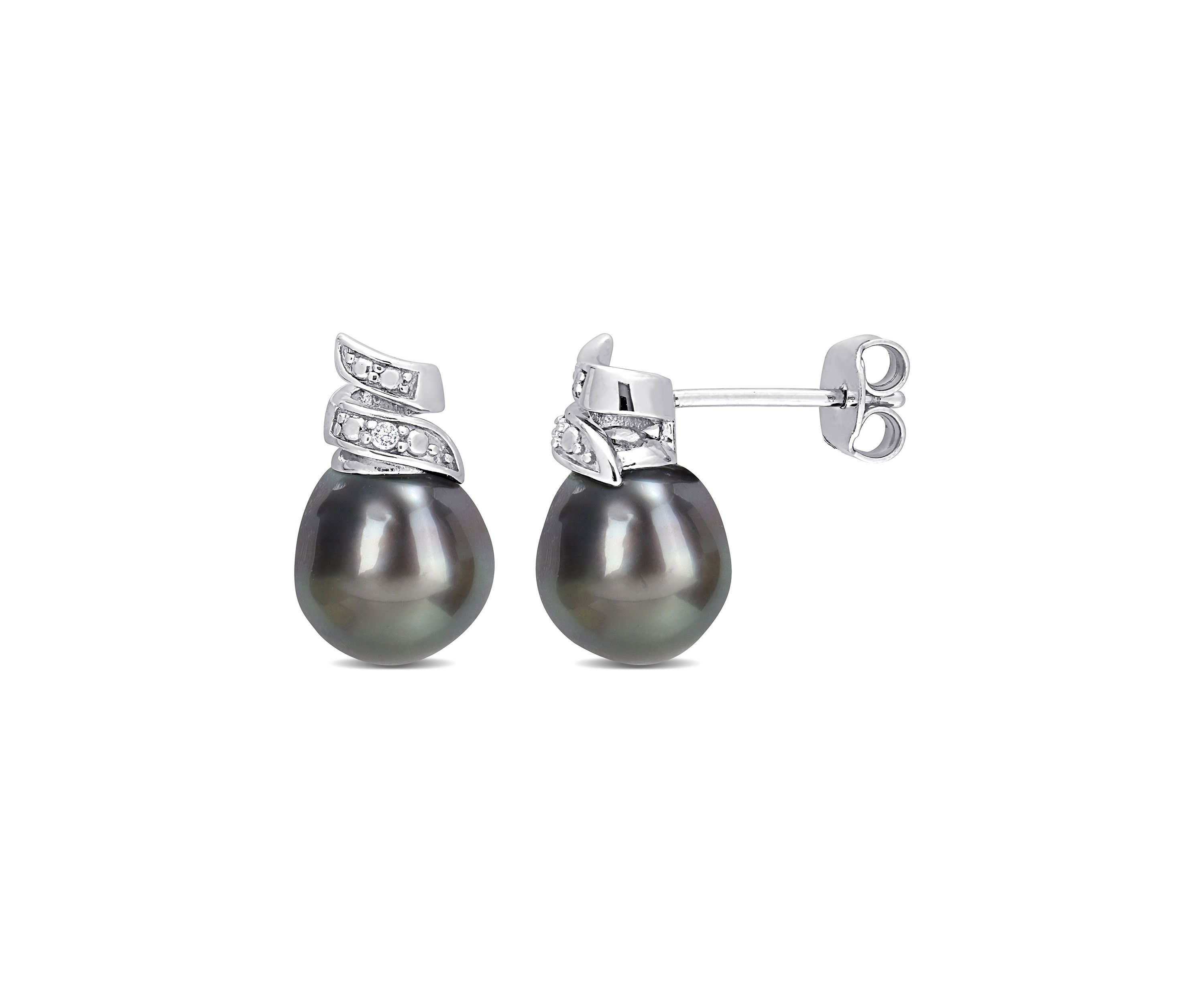 8-9mm Black Tahitian Cultured Pearl and Diamond Accent Swirl Stud Earrings in Sterling Silver