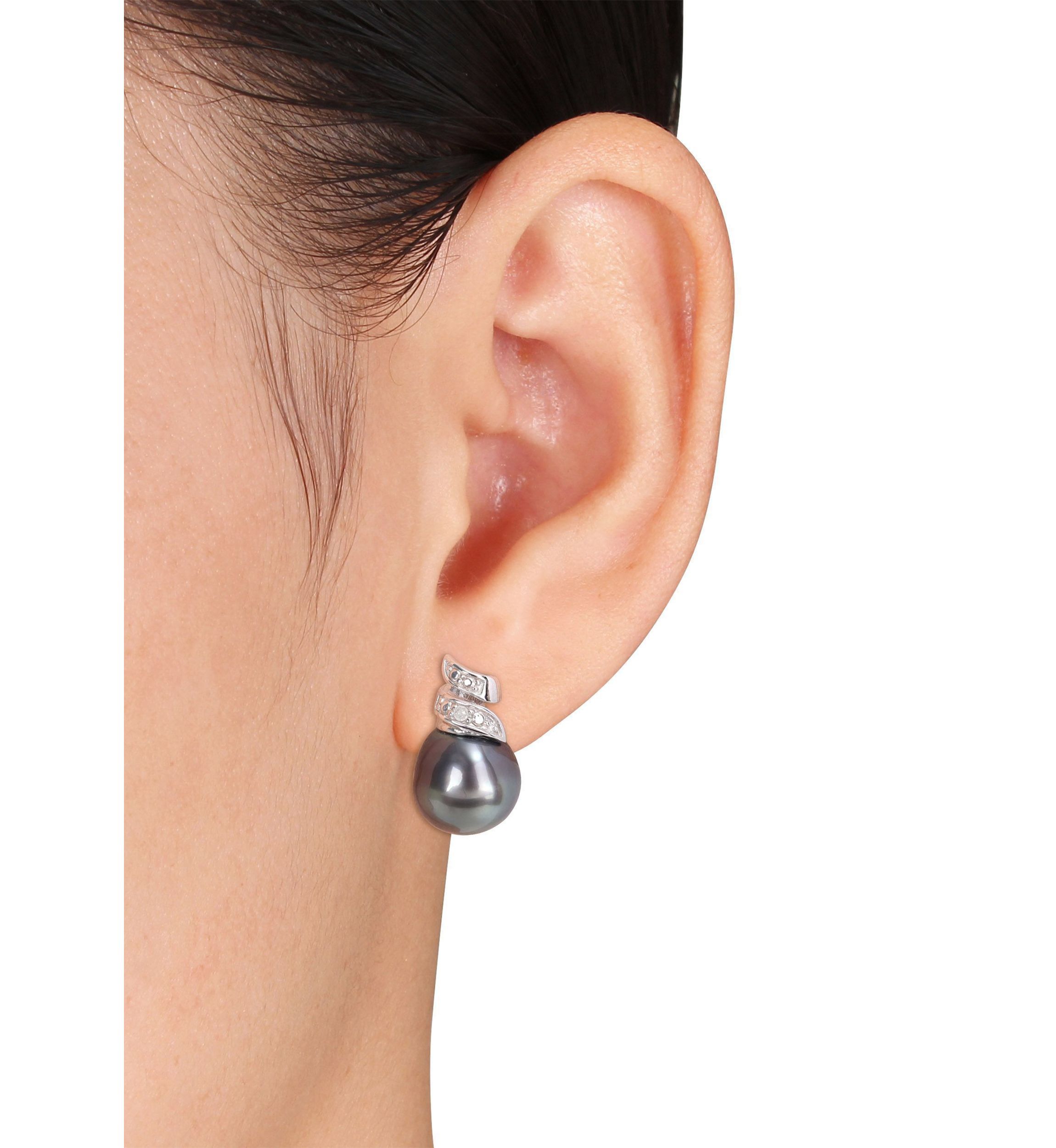 8-9mm Black Tahitian Cultured Pearl and Diamond Accent Swirl Stud Earrings in Sterling Silver