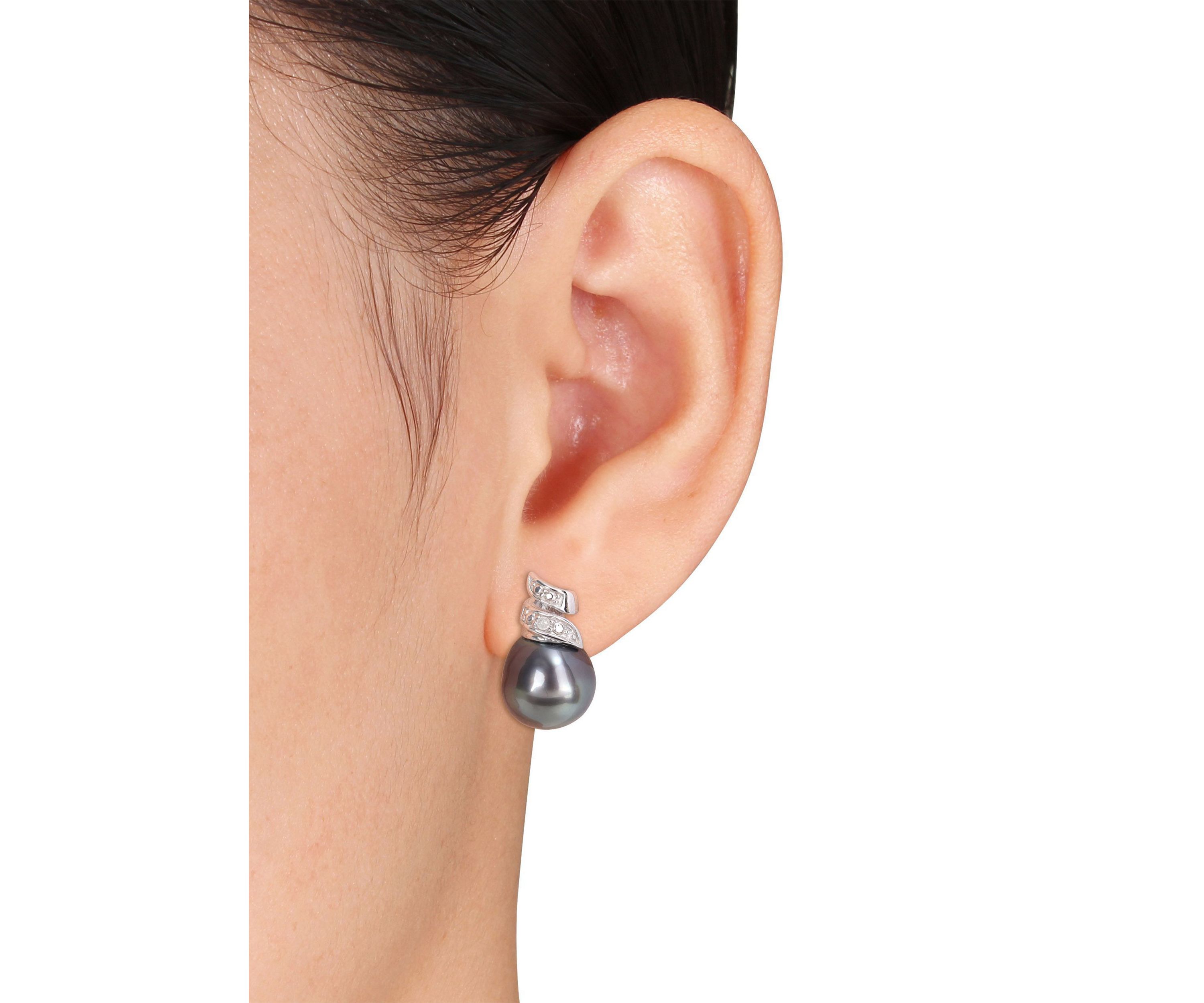 8-9mm Black Tahitian Cultured Pearl and Diamond Accent Swirl Stud Earrings in Sterling Silver