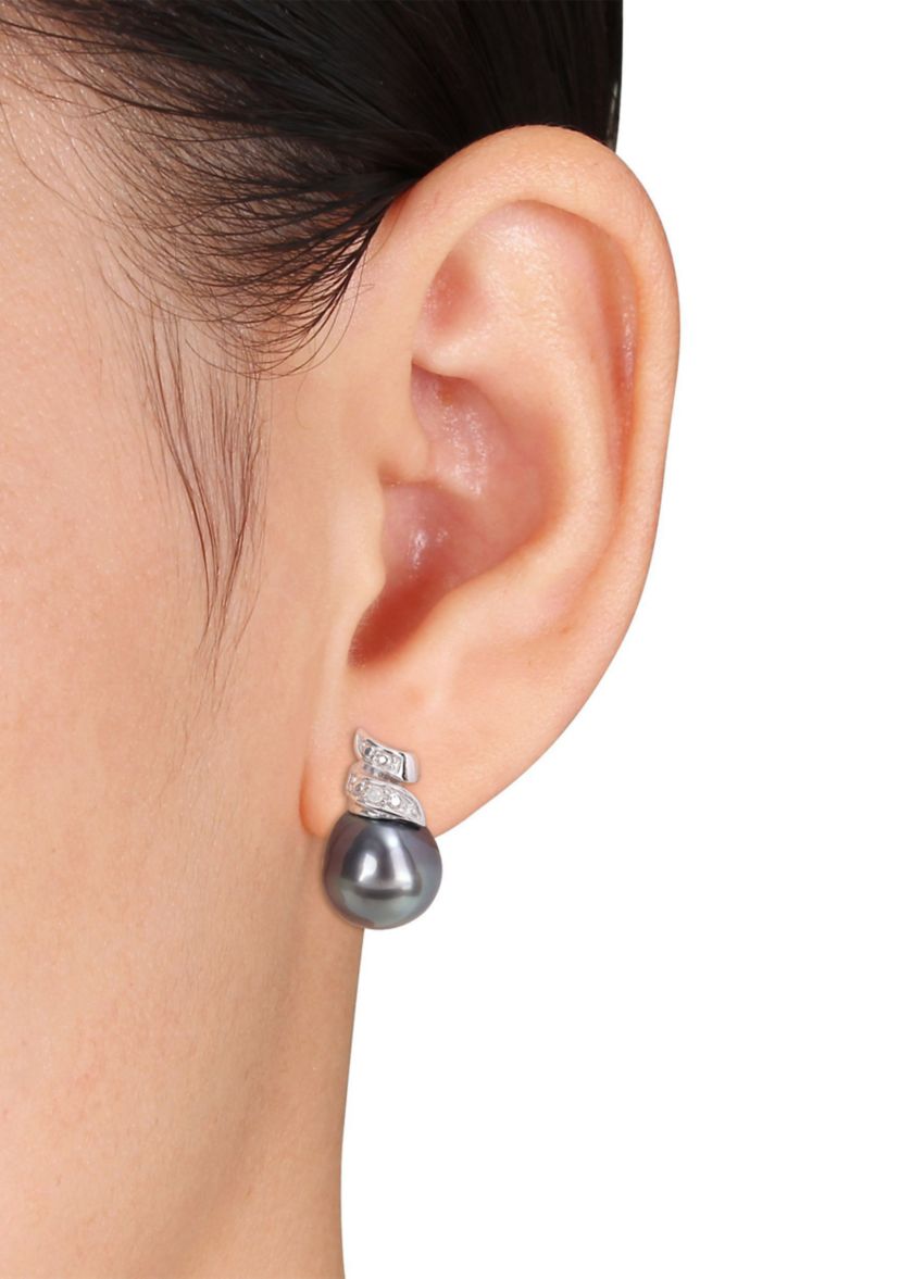 8-9mm Black Tahitian Cultured Pearl and Diamond Accent Swirl Stud Earrings in Sterling Silver