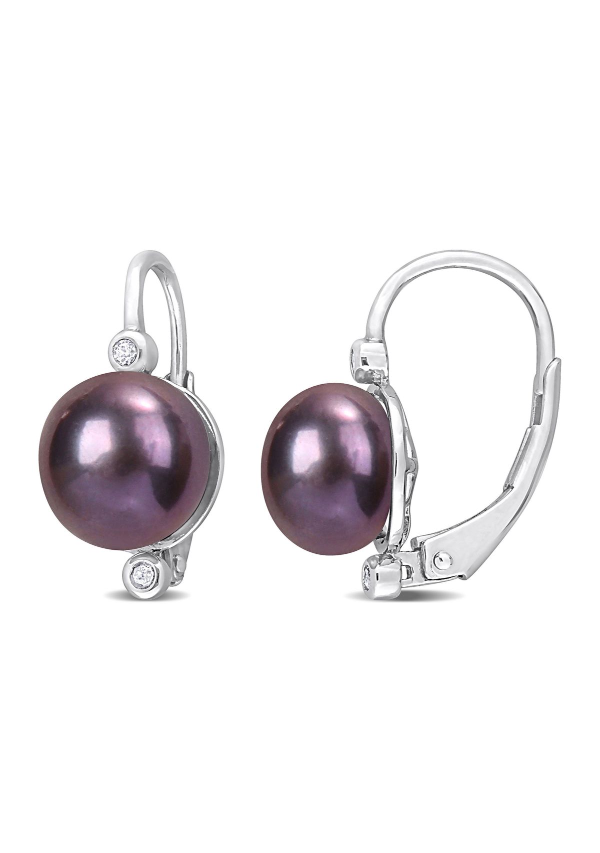 8-8.5mm Black Freshwater Cultured Pearl and Diamond Accent Leverback Earrings in Sterling Silver