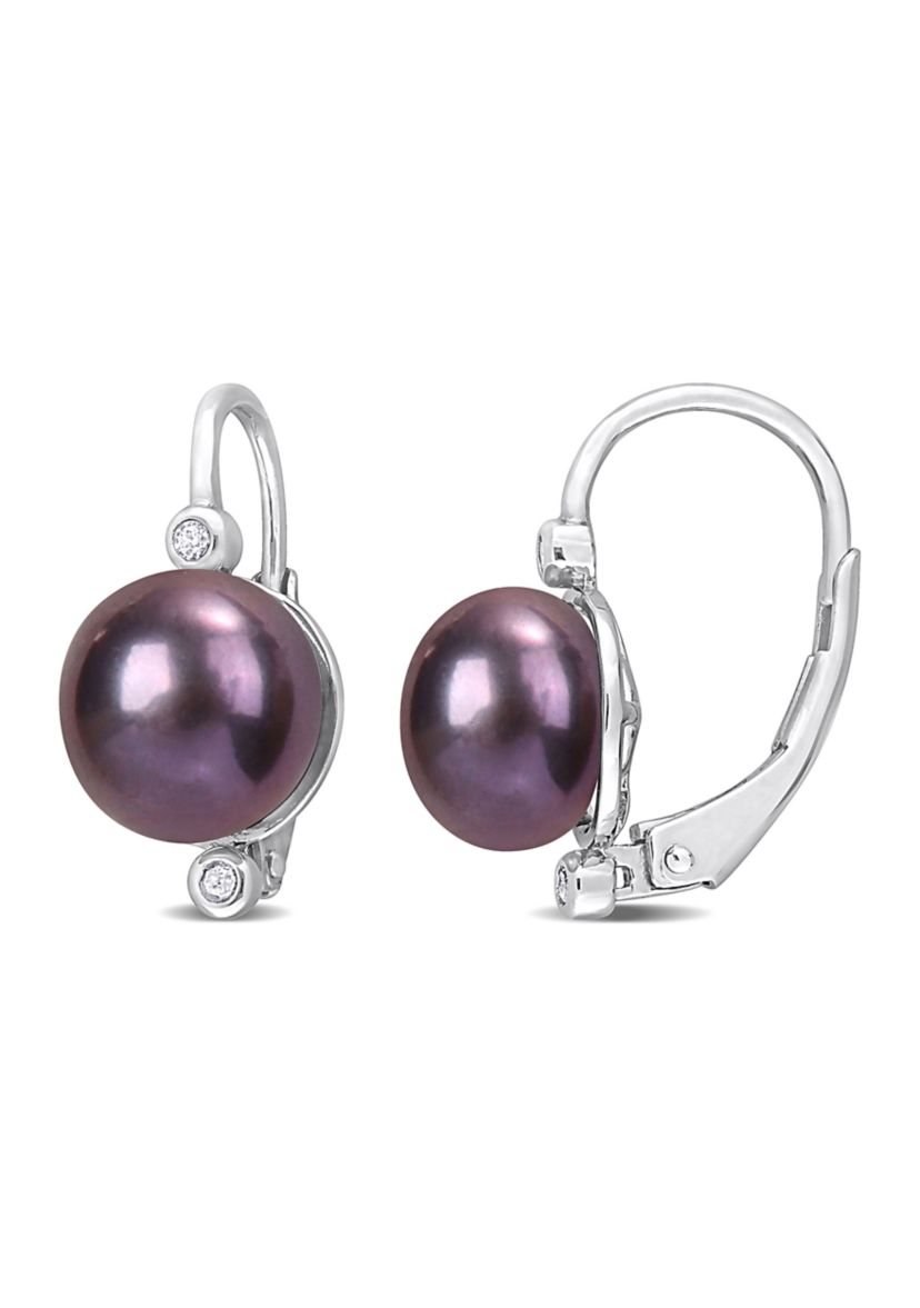8-8.5mm Black Freshwater Cultured Pearl and Diamond Accent Leverback Earrings in Sterling Silver