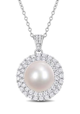 Haylee Jewels 11-12mm Freshwater Cultured Pearl and 2 3/8 CT TGW Cubic Zirconia Halo Pendant with Chain in Sterling Silver, White