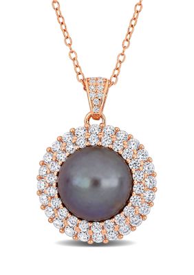 Haylee Jewels 11-12mm Freshwater Cultured Black Pearl and 2 3/8 CT TGW Cubic Zirconia Halo Pendant with Chain in Rose Plated Sterling Silver, Pink