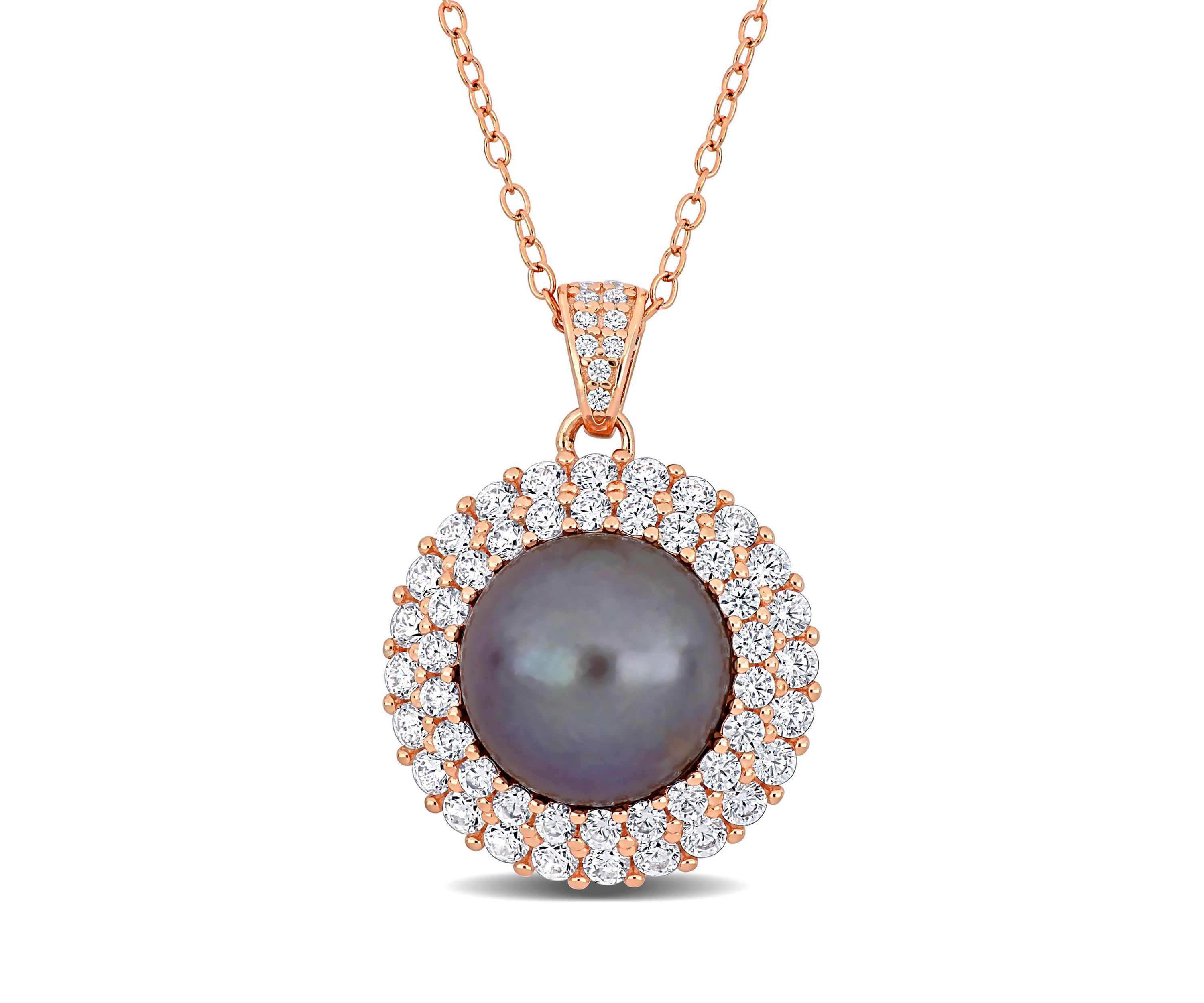 11-12mm Freshwater Cultured Black Pearl and 2 3/8 CT TGW Cubic Zirconia Halo Pendant with Chain in Rose Plated Sterling Silver
