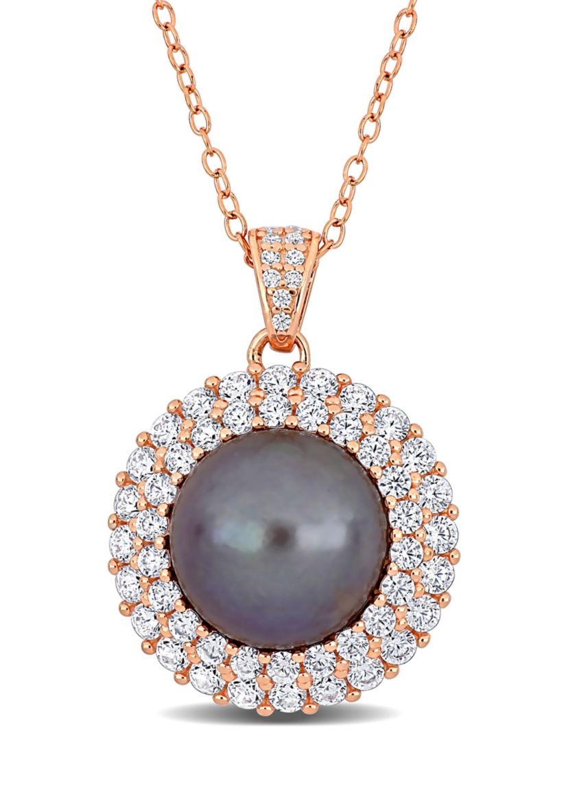 11-12mm Freshwater Cultured Black Pearl and 2 3/8 CT TGW Cubic Zirconia Halo Pendant with Chain in Rose Plated Sterling Silver