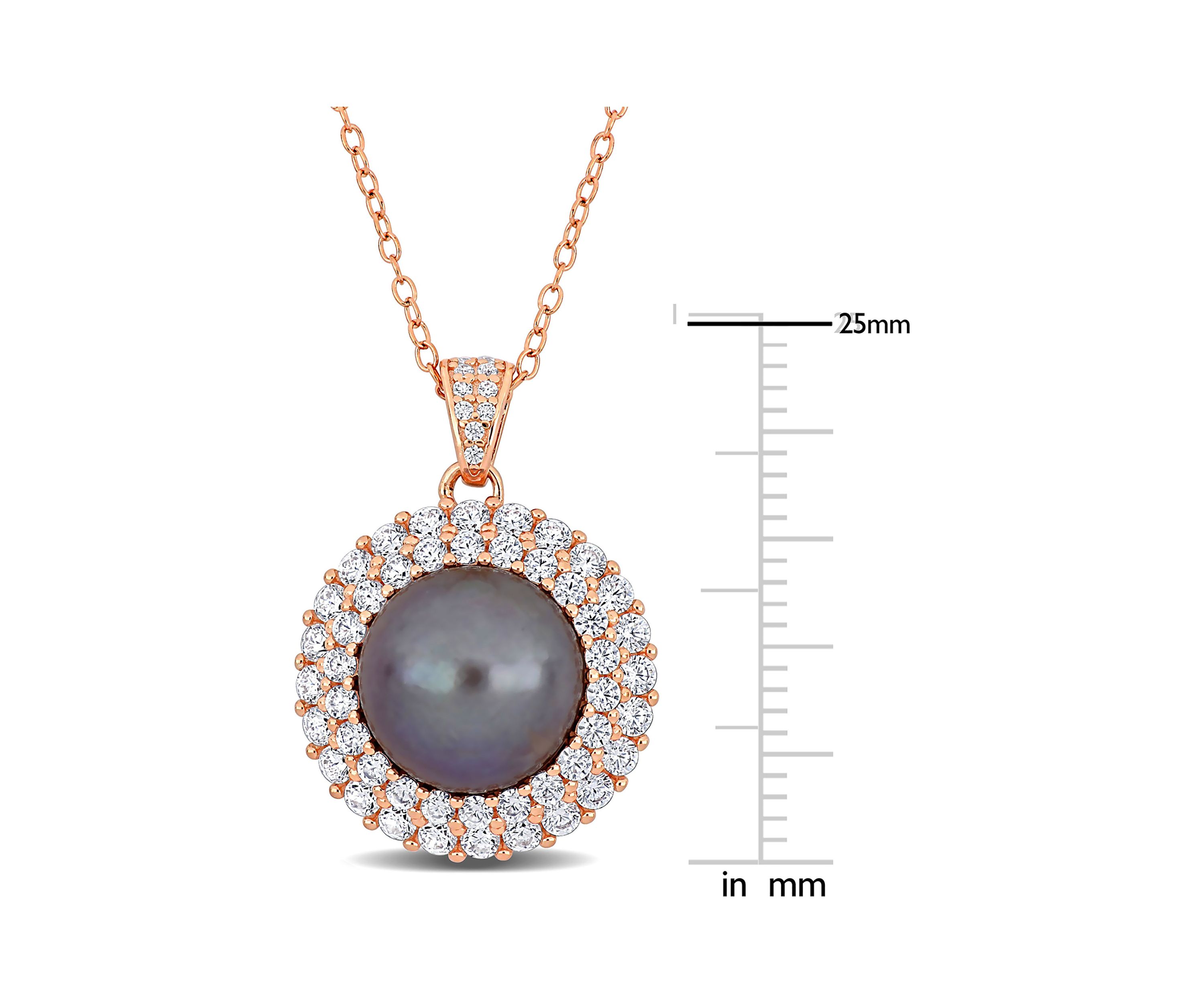 11-12mm Freshwater Cultured Black Pearl and 2 3/8 CT TGW Cubic Zirconia Halo Pendant with Chain in Rose Plated Sterling Silver