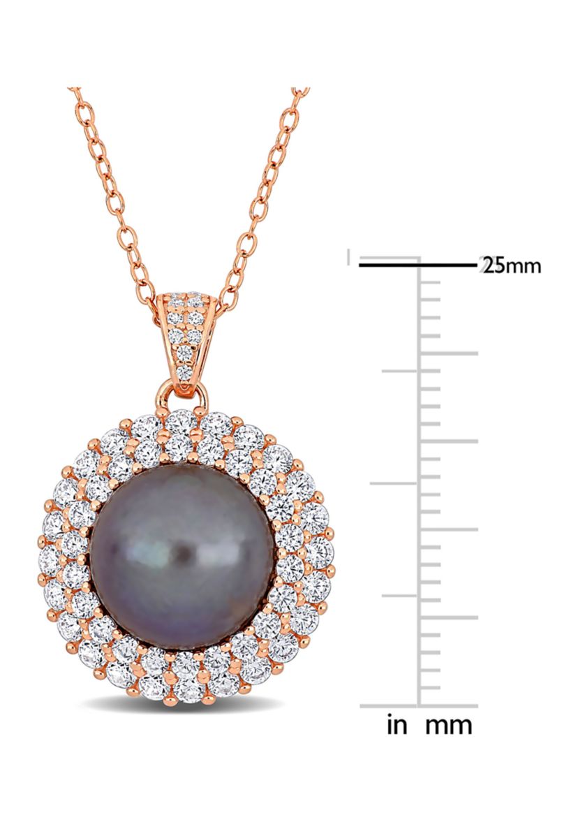 11-12mm Freshwater Cultured Black Pearl and 2 3/8 CT TGW Cubic Zirconia Halo Pendant with Chain in Rose Plated Sterling Silver