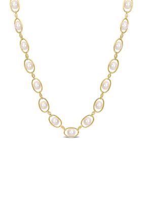 Haylee Jewels 8-8.5mm Freshwater Cultured Pearl and 1/3 CT TGW Cubic Zirconia Oval Link Necklace in 18k Yellow Plated Sterling Silver, 22 in