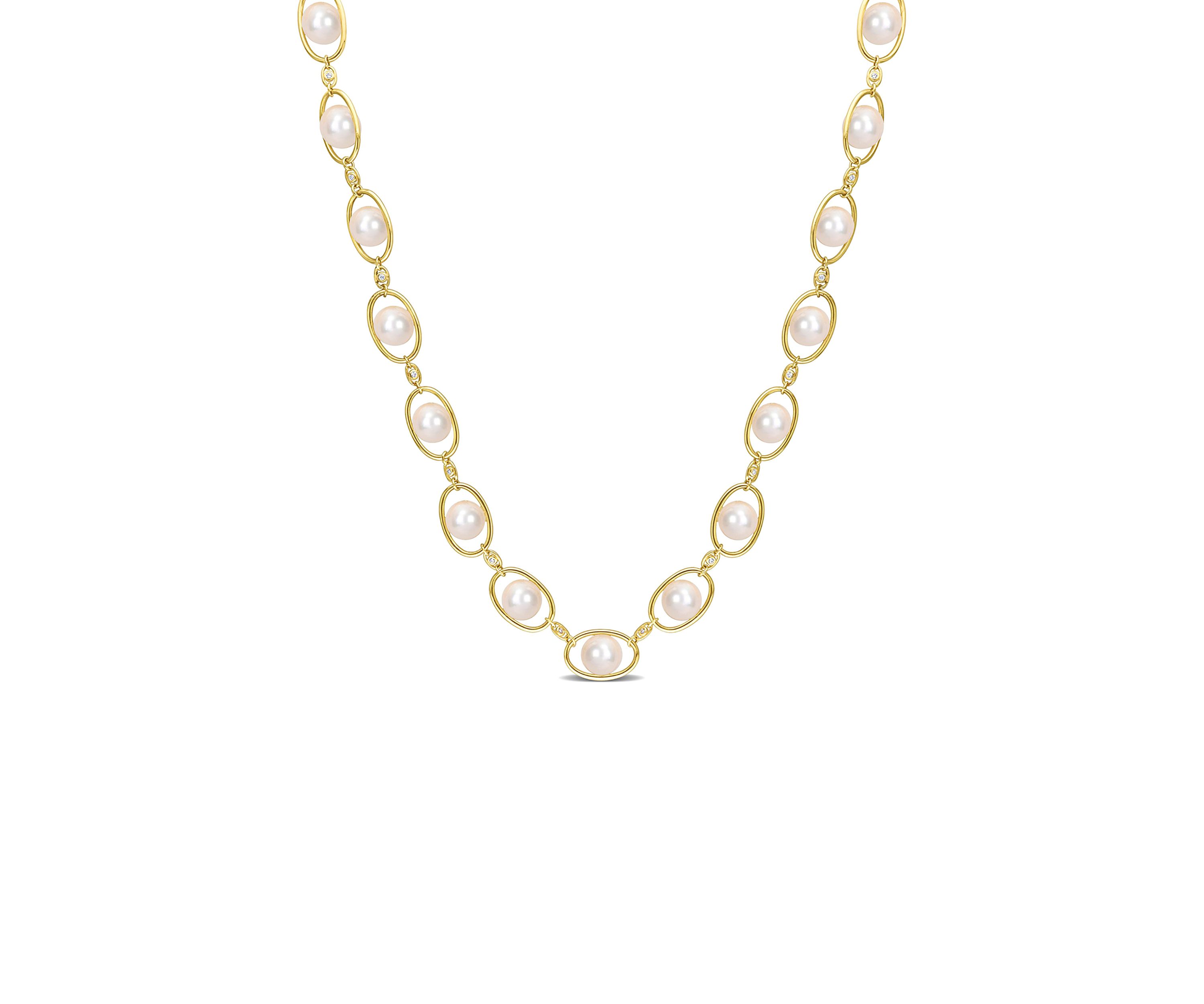 8-8.5mm Freshwater Cultured Pearl and 1/3 CT TGW Cubic Zirconia Oval Link Necklace in 18k Yellow Plated Sterling Silver, 22 in