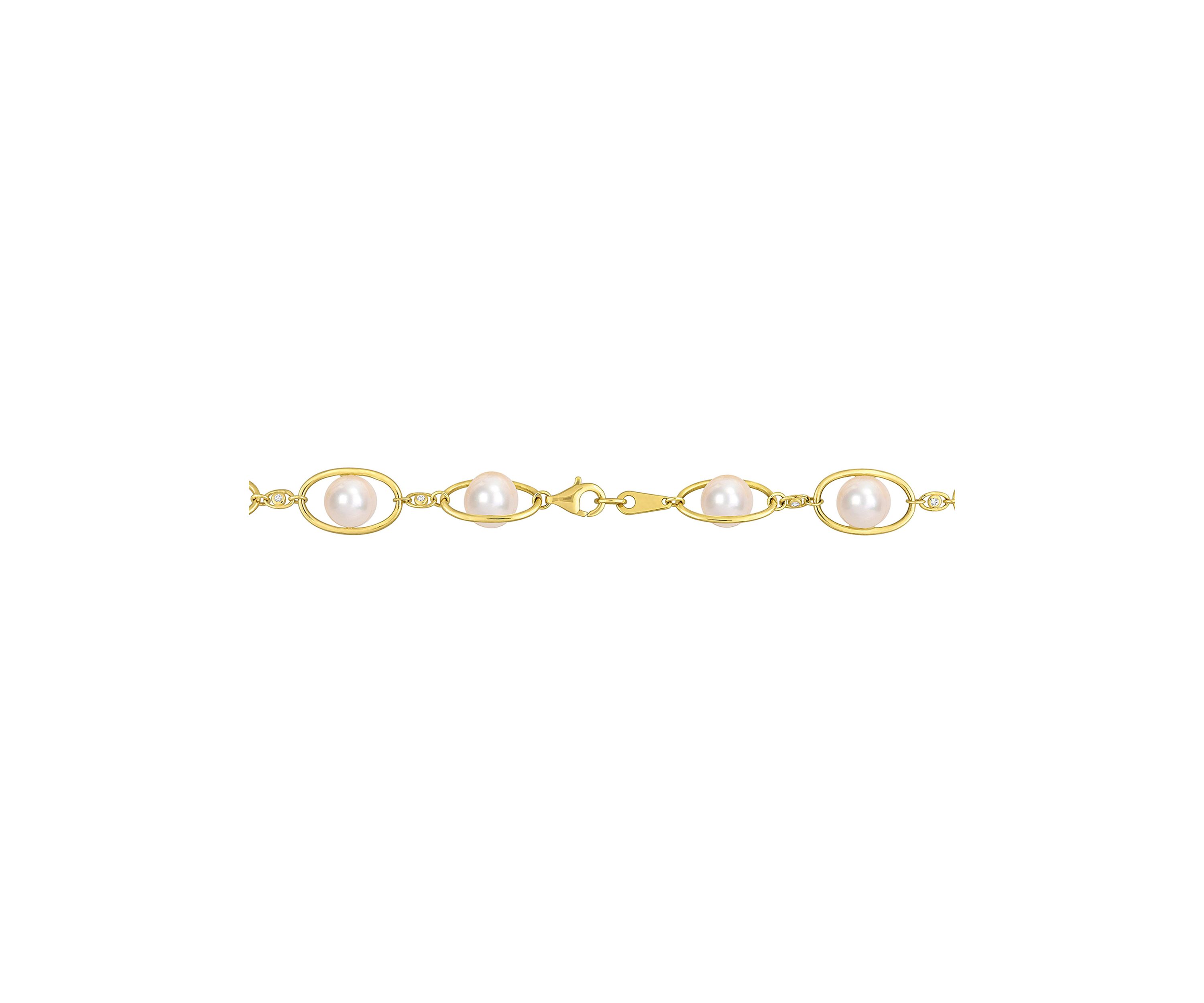 8-8.5mm Freshwater Cultured Pearl and 1/3 CT TGW Cubic Zirconia Oval Link Necklace in 18k Yellow Plated Sterling Silver, 22 in
