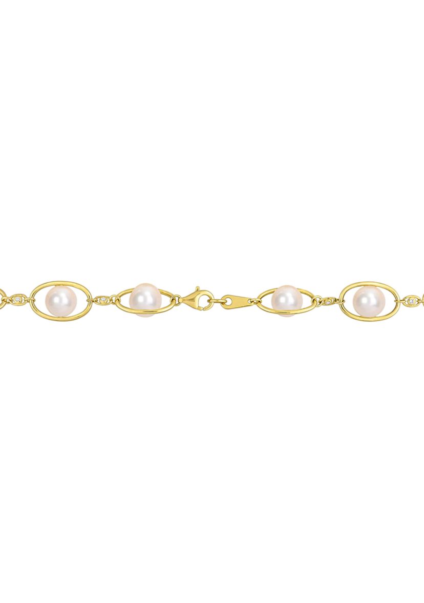 8-8.5mm Freshwater Cultured Pearl and 1/3 CT TGW Cubic Zirconia Oval Link Necklace in 18k Yellow Plated Sterling Silver, 22 in