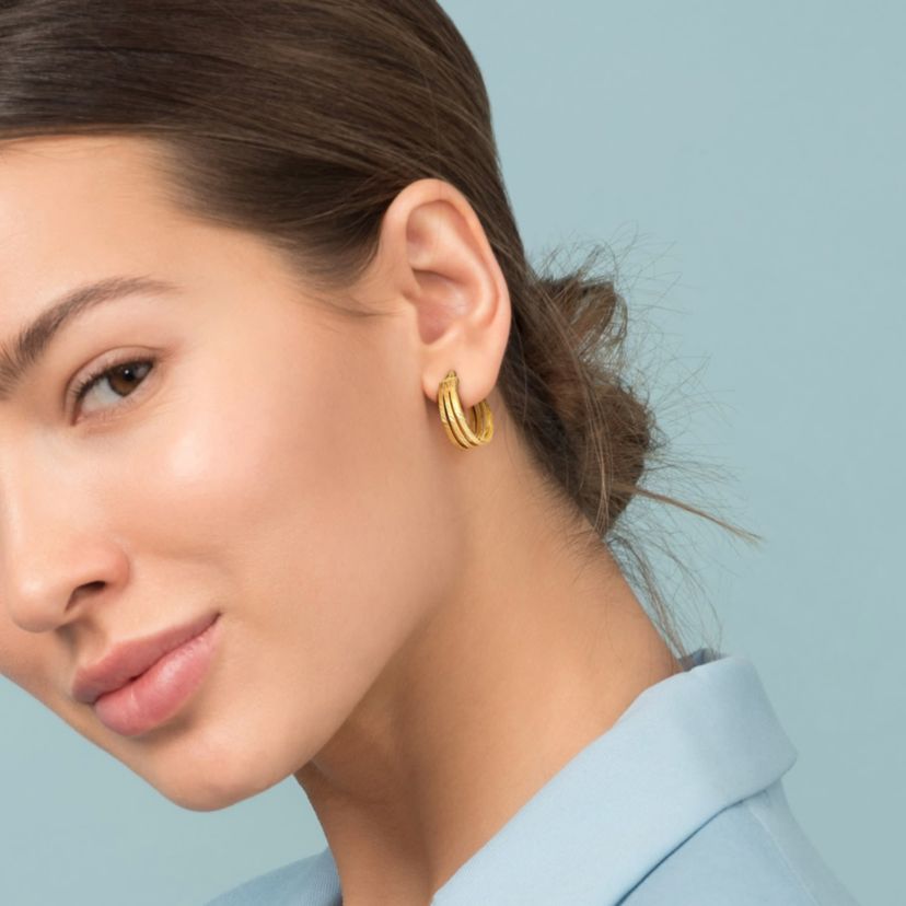 19mm Triple Row Textured Hoop Earrings in 14k Yellow Gold