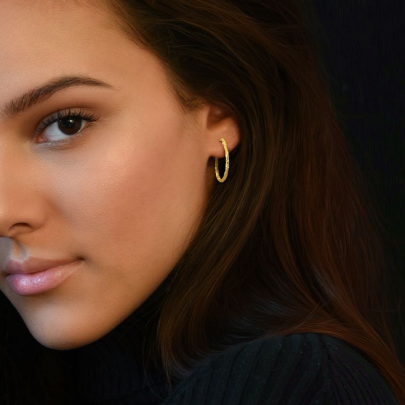 24mm Oval Textured Hoop Earrings in 14k Yellow Gold