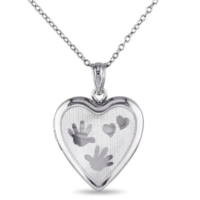 Haylee Jewels Engraved Heart and Hands Locket Pendant with Chain in Sterling Silver, White, 18 in