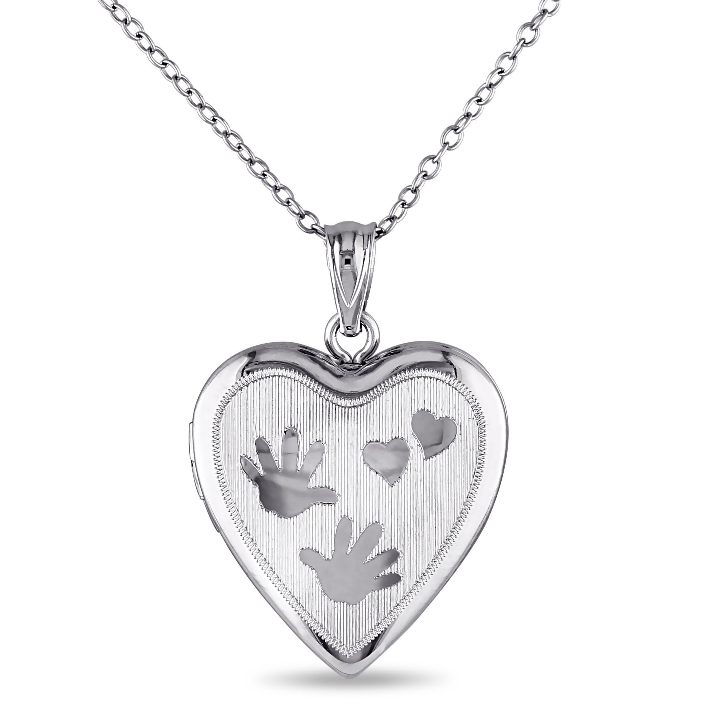 Engraved Heart and Hands Locket Pendant with Chain in Sterling Silver