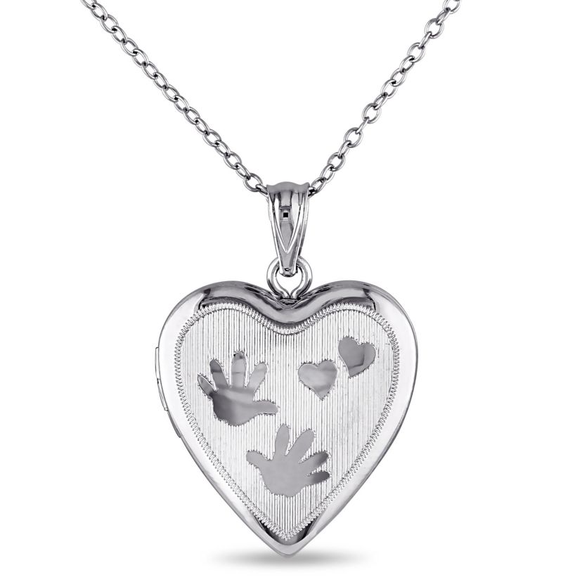 Engraved Heart and Hands Locket Pendant with Chain in Sterling Silver