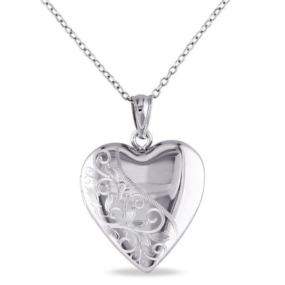 Haylee Jewels Engraved Filigree Heart Locket Pendant with Chain in Sterling Silver